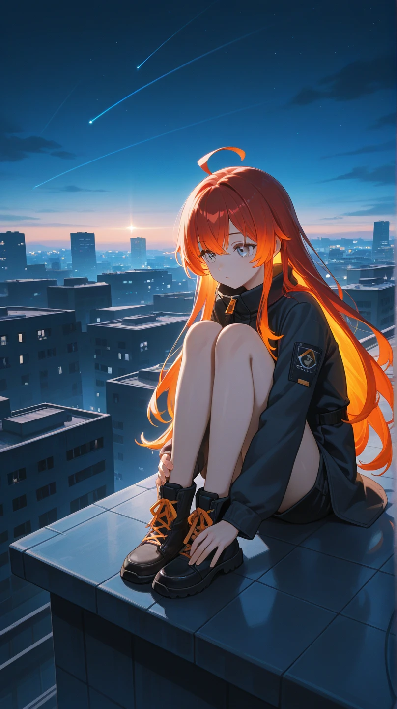 (masterpiece, best quality), 1girl, solo, full body, yellow eyes, orange hair, short hair, fox ears, kitsune, building, city, cloudy sky, Seifuku, boots, katana, squat down, spread legs, evil smile, evil eyes, looking at viewer, outdoors, rooftop, sky, skyscraper