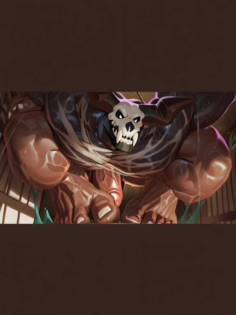Same image but has a milking machine on his croch/bulge leaking black cum
