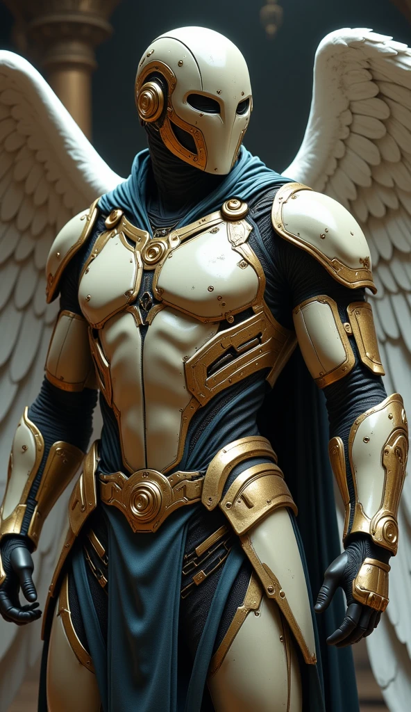 A bronze statue, on top of a castle, blue light emits from the statue, the statue looks like an ancient god, the statue is hooded and has wings, medieval fantasy world