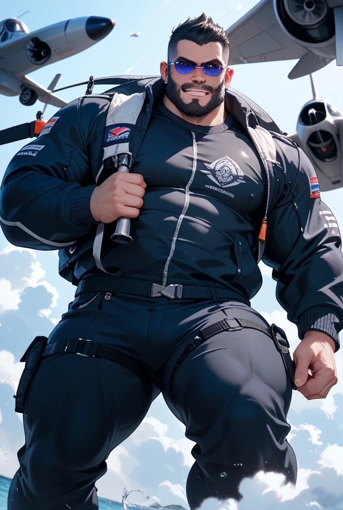 Chinese man, wearing navy cap, big brother, inch head, bald head, muscular masterpiece, air brother, fat and strong, uniform temptation, shorts, smile, uncle, thick legs, fat buttocks, leg hair, socks, inch head, on the plane seat, robust, man, --auto --s2
