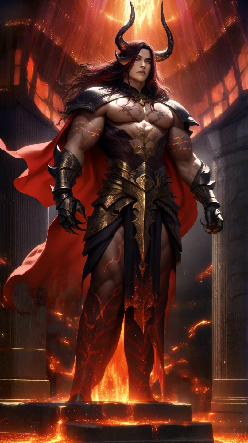 (1man), (muscular body), (high detailed), (devil form), (eyes glow red), (devils), full body shot, Asta Black Clover, wearing devil armor, red and black, look at viewer, dinamic lighting, devil form, red evil eyes, black demon, black and red blood background, the hells background.