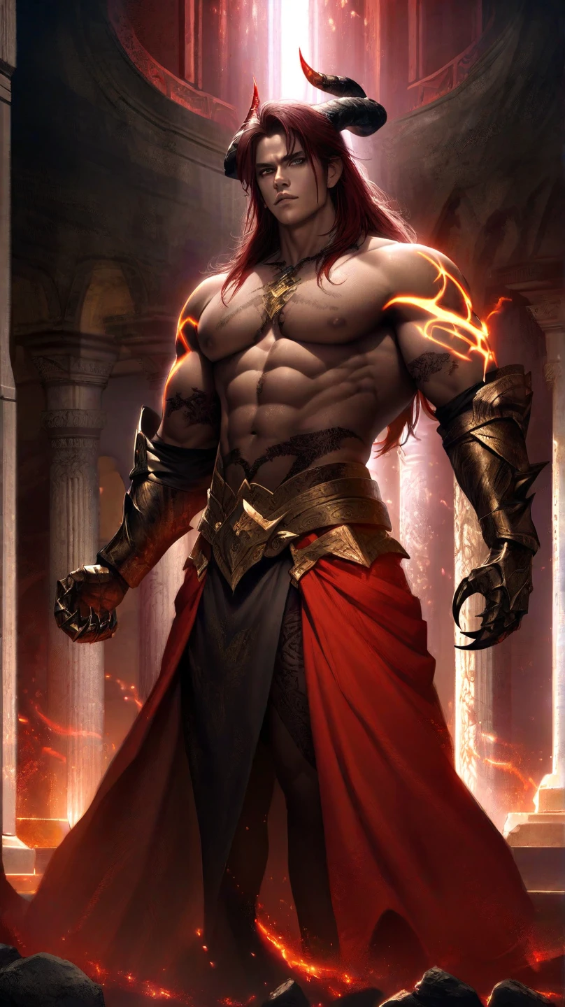 (8k,shipmentsrrealista shipments Maximum quality;1.4) (1 young boy) Super cute hairy torso of the king of the underworld (realistic face and goatee) (Long messy hair fiery colored hair ) slenderbody Muscular and macho Fire-colored aristocratic costume with large yellow Fire color decoration Fangs peeking out of the mouth Pointed claws a seductive gaze Beautiful expression A hyper-realistic (King of the Underworld) appealing (real looking skin) super high resolution high détail Luxurious flame-colored pants Fire-colored aura emanating from the body effect Fire color cloak