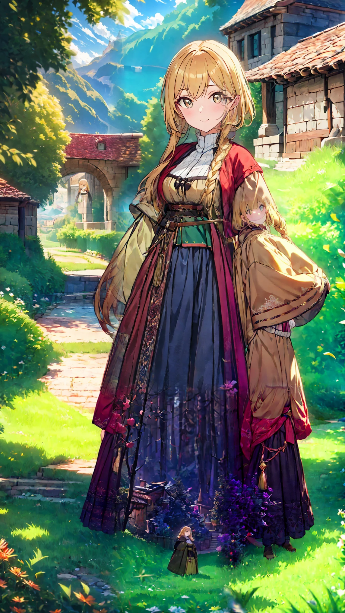Beautiful girl with blond hair, tanned skin, copper-colored eyes, wearing a medieval outfit.