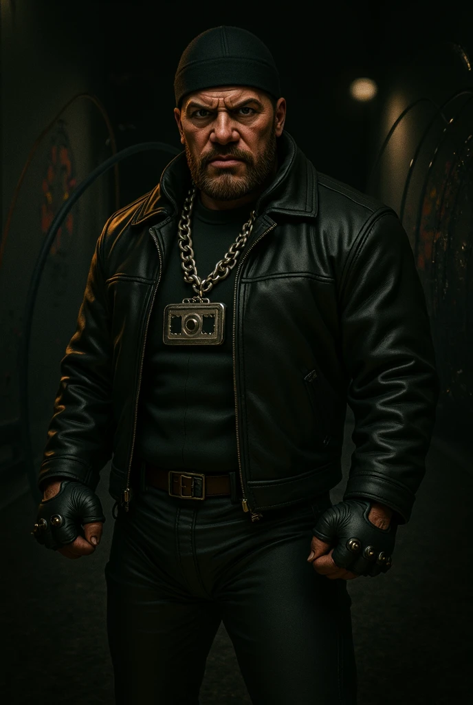 Italian man, 52 years old, white wife beater: 1.2, multiple chain necklaces, leather trousers and boots, badass, 80s transparent teardrop specs, red contact lenses, overweight, long hair: 1.2, receding hair, Cyberpunk character, in Night city, holds a revolver gun