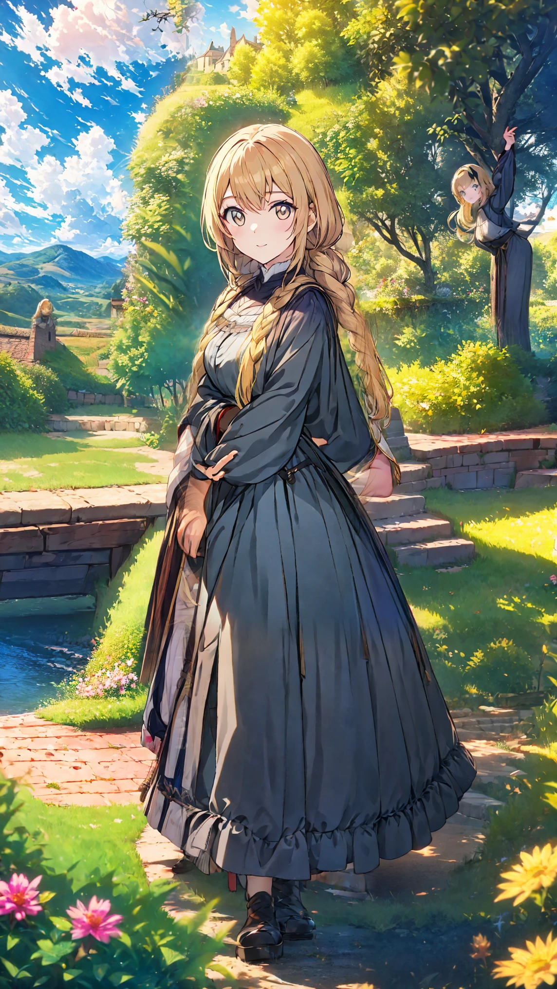 Beautiful girl with blond hair, tanned skin, copper-colored eyes, wearing a medieval outfit.