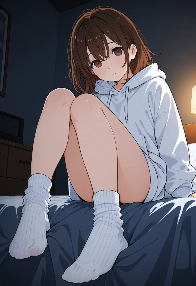 Brown-haired girl Her shoulder-length hair is tied back Wearing a white hoodie and a white skirt White underwear White skin tall With bangs Beautiful face Thin legs The cleavage is visible sitting on the bed Thin legs Shy Anime Style
