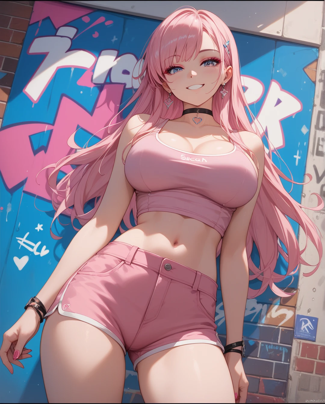 (day:1.7), outdoors, street,Cyberpunk_CityView, (very detailed background),
dynamic pose, , dynamic angle,
pink_eyes, pink_hair,twintails, hair ribbon,
dakini, (((dark_skin, gyaru, jewelry,cropped shirt, denim shorts))), navel cutout, ((underboob)),
1 girl, 20yo,mature female,Beautiful Finger,Beautiful long legs,Beautiful body,Beautiful Nose, perfect eyes, perfect face,(beautiful detailed aqua eyes),((mature female:1.1)),((milf:1.1)),make up,parted lips,(shiny skin:1.1),(perfect female body:1.2),(gorgeous detailed skin),(detailed hair),
looking at viewer, seductive smile, naughty face, tongue sticking out,
ray_tracing,intricate details,depth of field, extremely delicate and beautiful,
(Beautiful,large_Breasts:1.4), (beautiful_face:1.5),