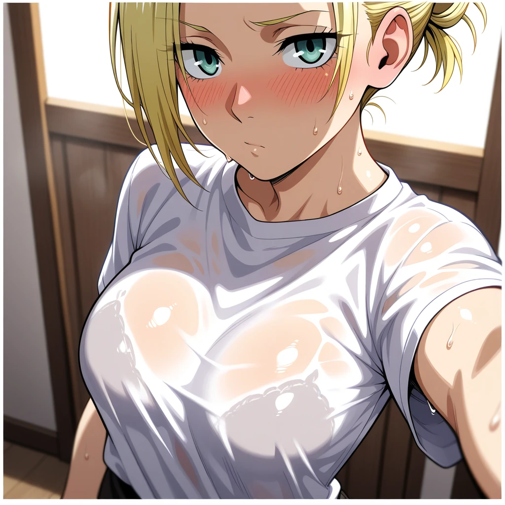 One girl、(Yellow Hair)、Short Bob、(Disgust)、((Both arms tied with rope))、Photograph only the upper body、Big Breasts、(Very thin tank top)、(((White clothes)))、((Dark Skin:1.4))、Super Detail、Highest quality、(Sweat:1.5)、(Open your armpits)、Green Eyes、Transparent nipples and areola、(Red nipples and areola)、Inside the summer cabin、orgasm、(Look at an angle:1.6)、Erect nipples、View from the front