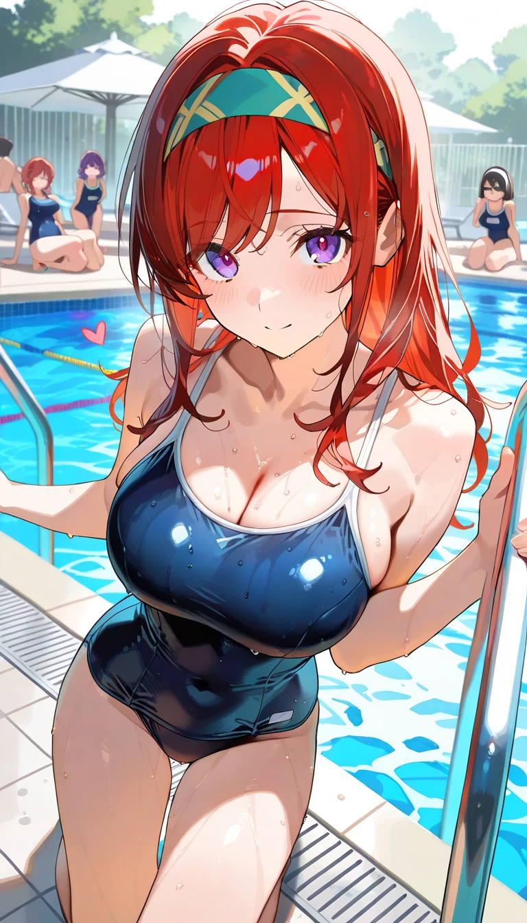 blush,bare arms, Wet, indoor pool,strap slip, blue one-piece swimsuit, Swimsuit,(big breasts:1.5),looking at the viewer,Are standing,(((masterpiece))),((highest quality)),perfect anatomy,8K UHD,highly detailed face,luster and luster,((1 girl)),((alone)),beautiful and fine eyes,perfect image,(Upper body:1.1),(look ahead:1.1),turn your arms behind your back,slim waist,(shiny hair),orange hair,(medium long hair:0.8),
