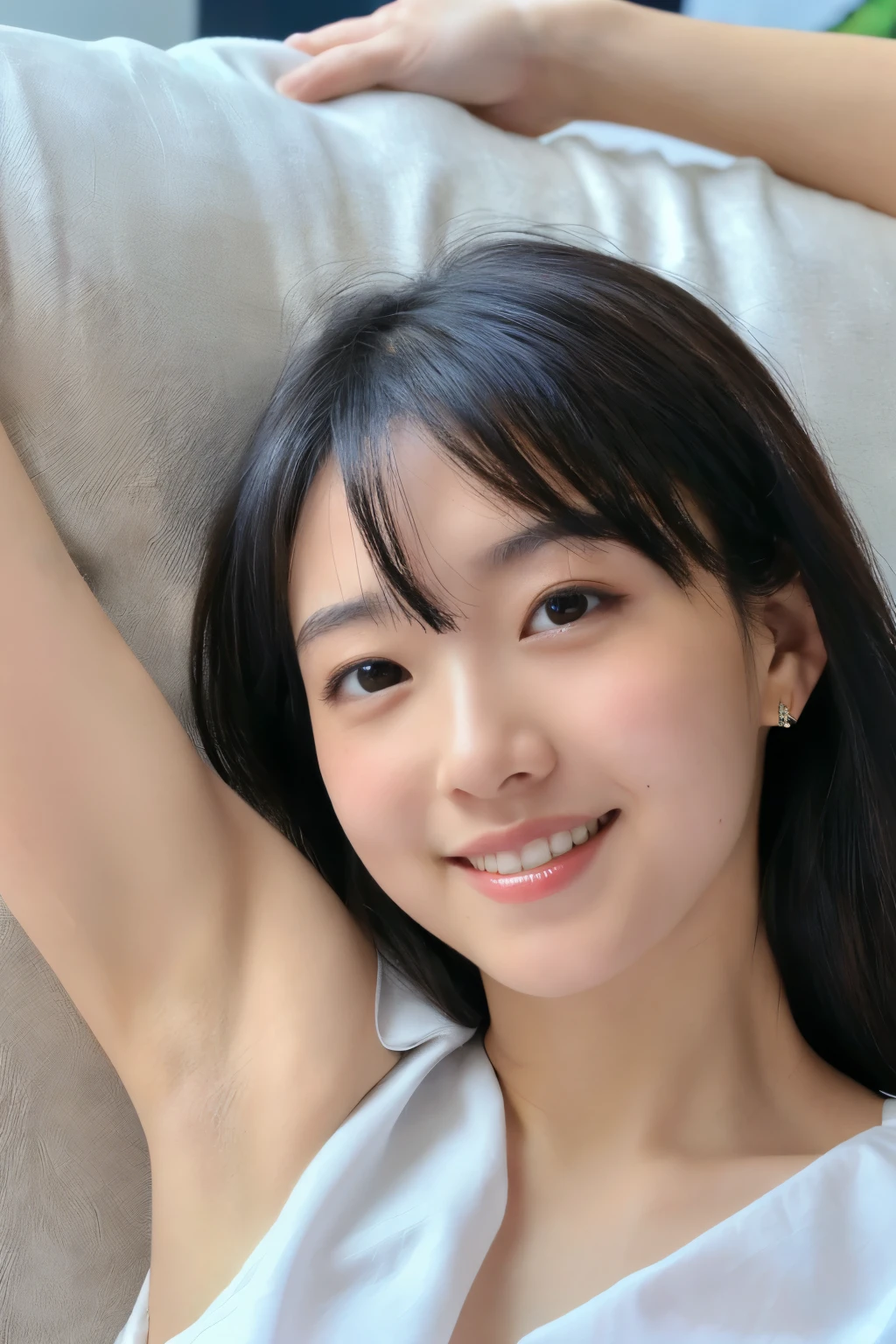 (A hyper-realistic), (illustratio), (hight resolution), (8K), (ighly detailed), (The best illustrations), (beatiful detailed eyes), (top-quality), (ultra-detailliert), (masterpiece), (wall-paper), (详细的脸), a bed、Upper body close-up,Armpit, A smile,Plump,独奏,Girl in a tight white tank top with open chest, full of sweat, japanes, large full breasts, (camel's toe)、huge-breasted、