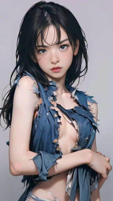 liquid thong,  female focus, 1girl, solo, long hair, blue hair, earrings, jewelry, simple background, ponytail, low ponytail, grey background, extremely handsome female, (naked body), wearing micro black tiny g-string, mage long red robes, single earring,  bangs,  liquid hair,  sky print,