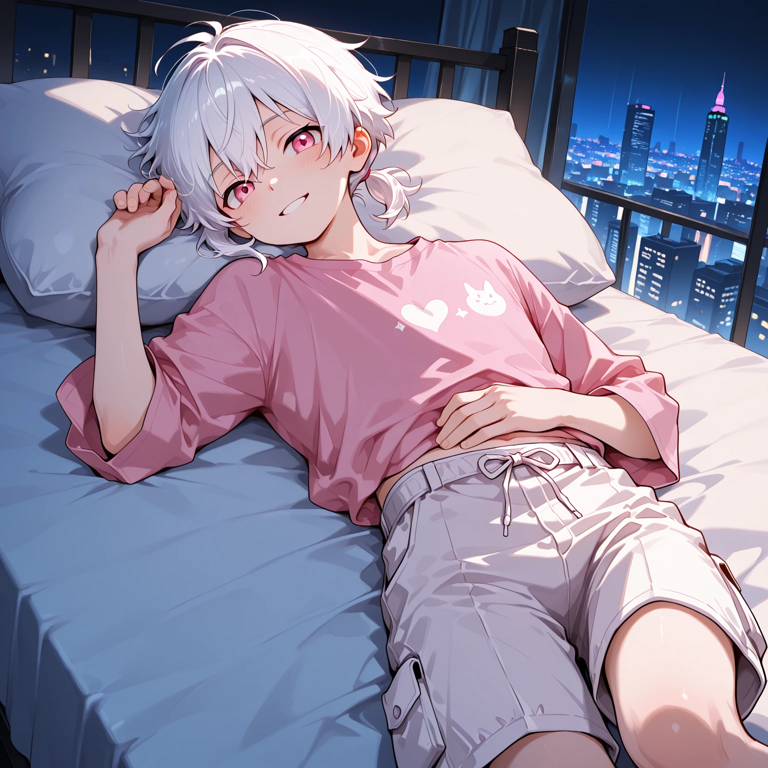 High resolution, masterpiece, Best quality,best quality,high quality, Highly detailed, male child, 14-year-old boy, Half asleep in bed, lying in bed, white hair, gray-purple eyes, black tank top, half asleep expression, morning, glass floor to ceiling window, city view, sunlight coming in from outside; indoors, lived in, figure takes up 1/2 of the frame, landscape
