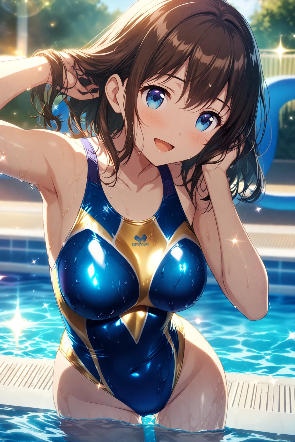Realistic depiction、(infant:1.9)、Smooth and shiny texture huge bust metallic enamel gold swimsuit