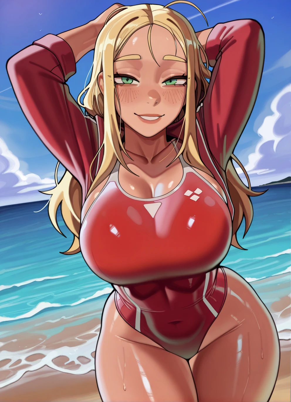 masterpiece, best quality, beautiful art, high resolution, well formed hands, body and fingers, 1 woman, solo, Lucoa , 31 years old, full body picture, grown up, adult, large and big breasted, cleavage, hair ornament, wearing a Tyris Flare outfit , white_bikini, full body, sexy and skimpy bikini, gorgeous hips, legs and thighs bouncing breasts, red boots, dancing seductively and erotically, twirling around, bikini thong, shaking her body alluringly, smiling joyfully, looking at the viewer, sweating , flirting, beach environment