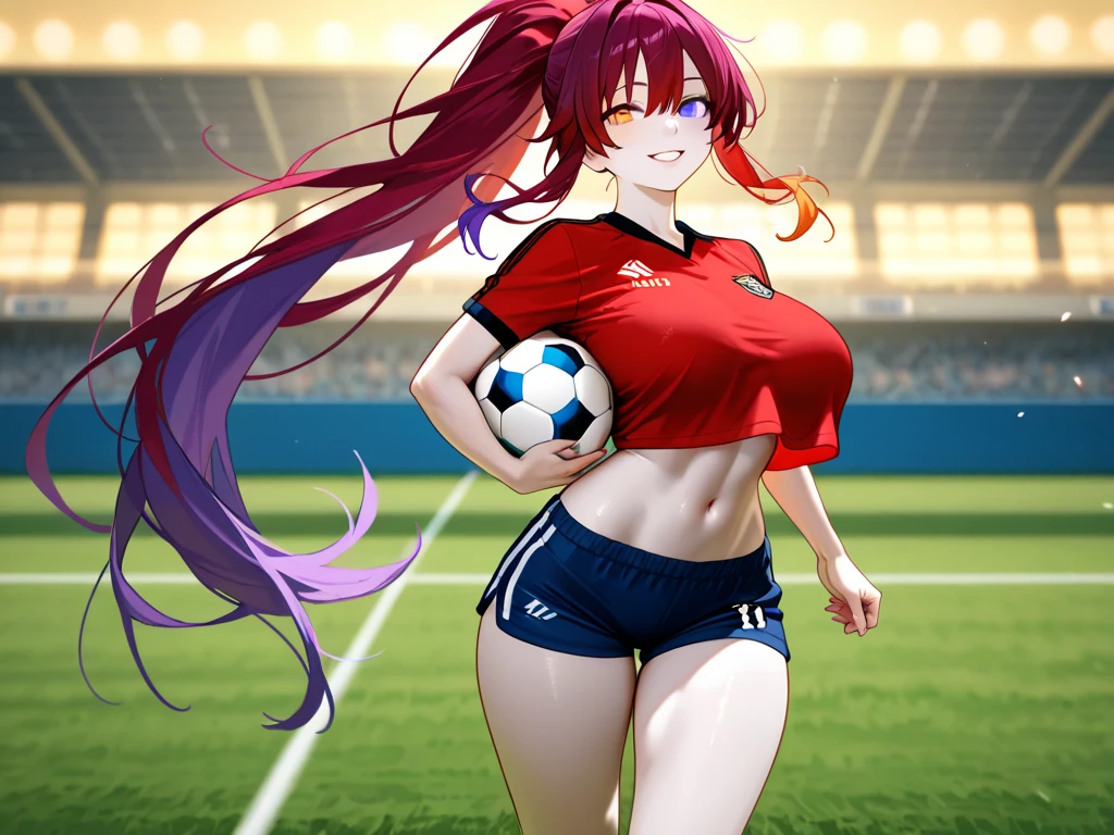 masterpiece:1.2, best quality), realistic, (real picture, intricate details, depth of field), (1girl, solo), make up, parted lips, highly-detailed, perfect face, (huge :1.4), (skindentation), thick thighs, wide hips, small waist, tall, glossy coral lips, red hairs, red eyes, ponytail, (A girl playing volleyball, white volleyball uniform), (sweating:1.2), (wet), sexy, bhing,
