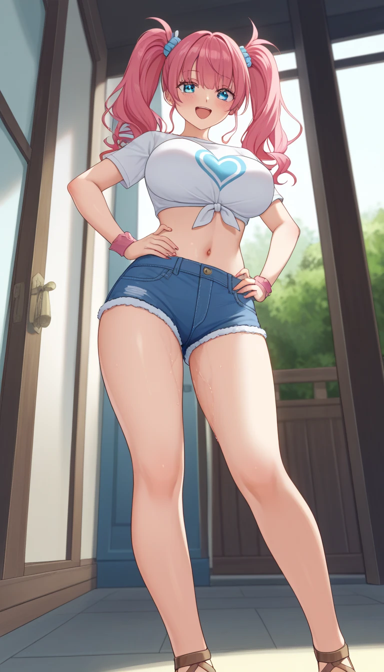 Girl, blue hair, blue eyes, short hair, flowers earrings, freckles, big boobs ,white t shirt, mini shorts, white high heels, thicc, standing smiling.