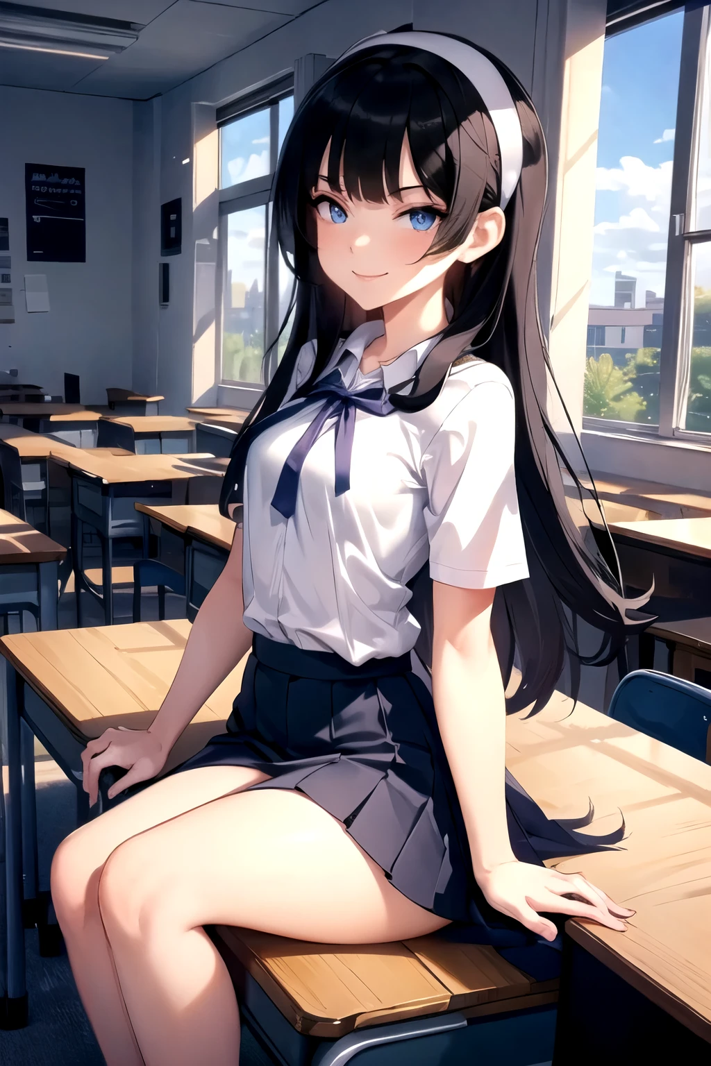 (masterpiece), best quality, detailed,Super high quality,perfect anatomy,beautiful light and shadow, ,Beautiful white skin ,black hair, perfect face, perfect eyes, blue eyes, slim body,young ager ,1girl,Trixie tang, smiling to camera, high quality, 8k digital painting, wearing catholic school uniform, platted navy blue skirt and white blouse, purple hairband, detailed blue eyes, at classroom, small breast, SFW, instragram pose, sitting on desk with crossed legs,