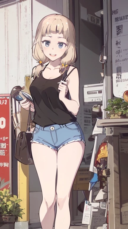 girl,Young,、(masterpiece,Highest quality),Street,Completely naked,Bare shoulders、gal、blondes、ロングヘアー,smile、passionate、(underboob),(Big Breasts),Cleavage,(stomach),Black mini tube top、looking at the camera、barefoot、Very short denim shorts(The zipper is broken),Button open(Ultra Micro Mini Shorts),Strong winds、solo、Are standing、barefoot,In the subway、City、City of the near future、Inside the train、