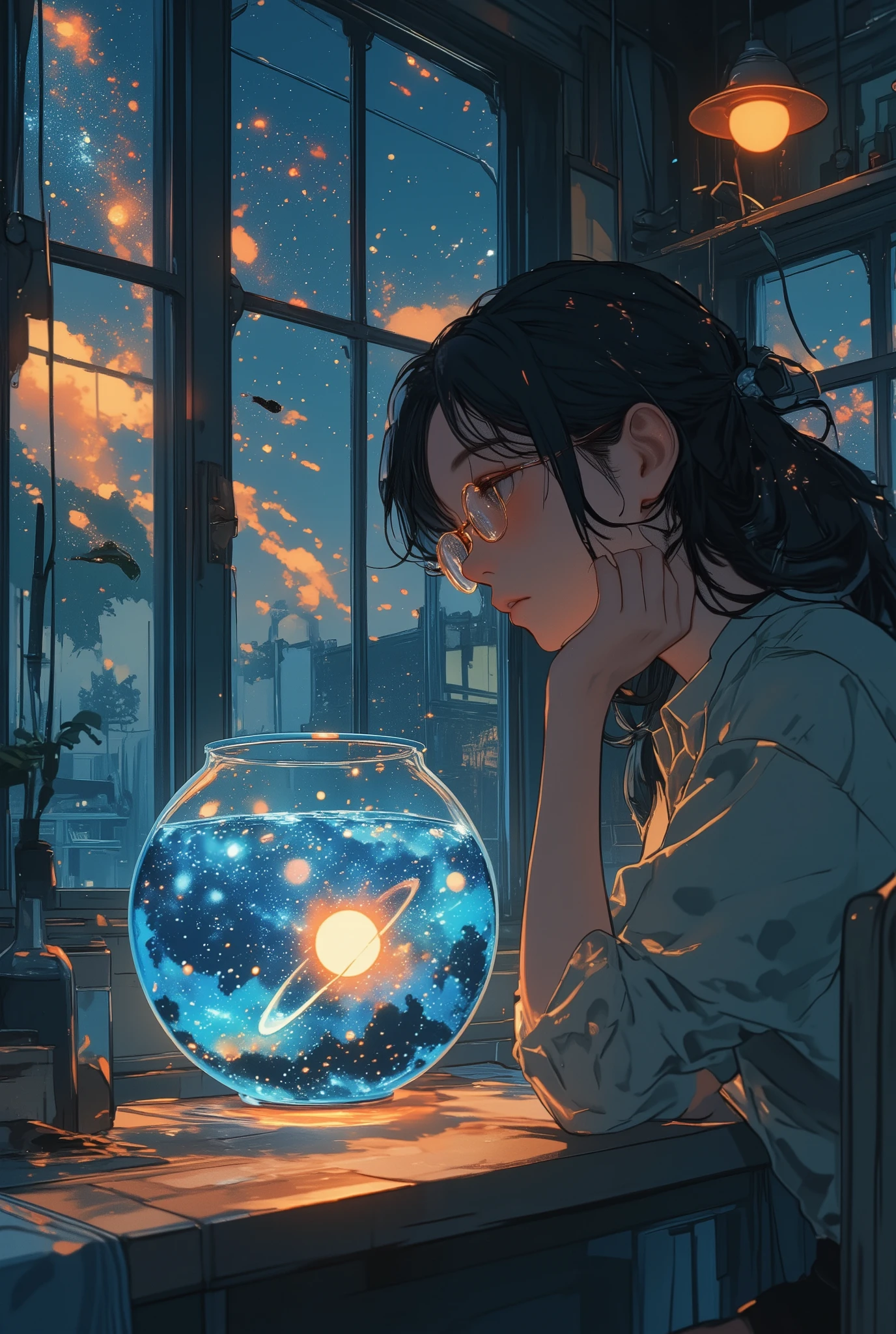 photo-realistic cinematic scene, a woman with glasses quietly observing a small blue whale swimming inside a round glass fishbowl on a wooden table, soft natural light coming through a nearby window, her expression is calm but curious, the whale moves slowly in the water, casting distorted reflections on the table, the scene feels serene yet subtly surreal, as if no one finds it strange, warm color tones, shallow depth of field, inspired by contemporary magical realism and still-life photography, best quality, masterpiece, ultra detailed, aidmamj6.1