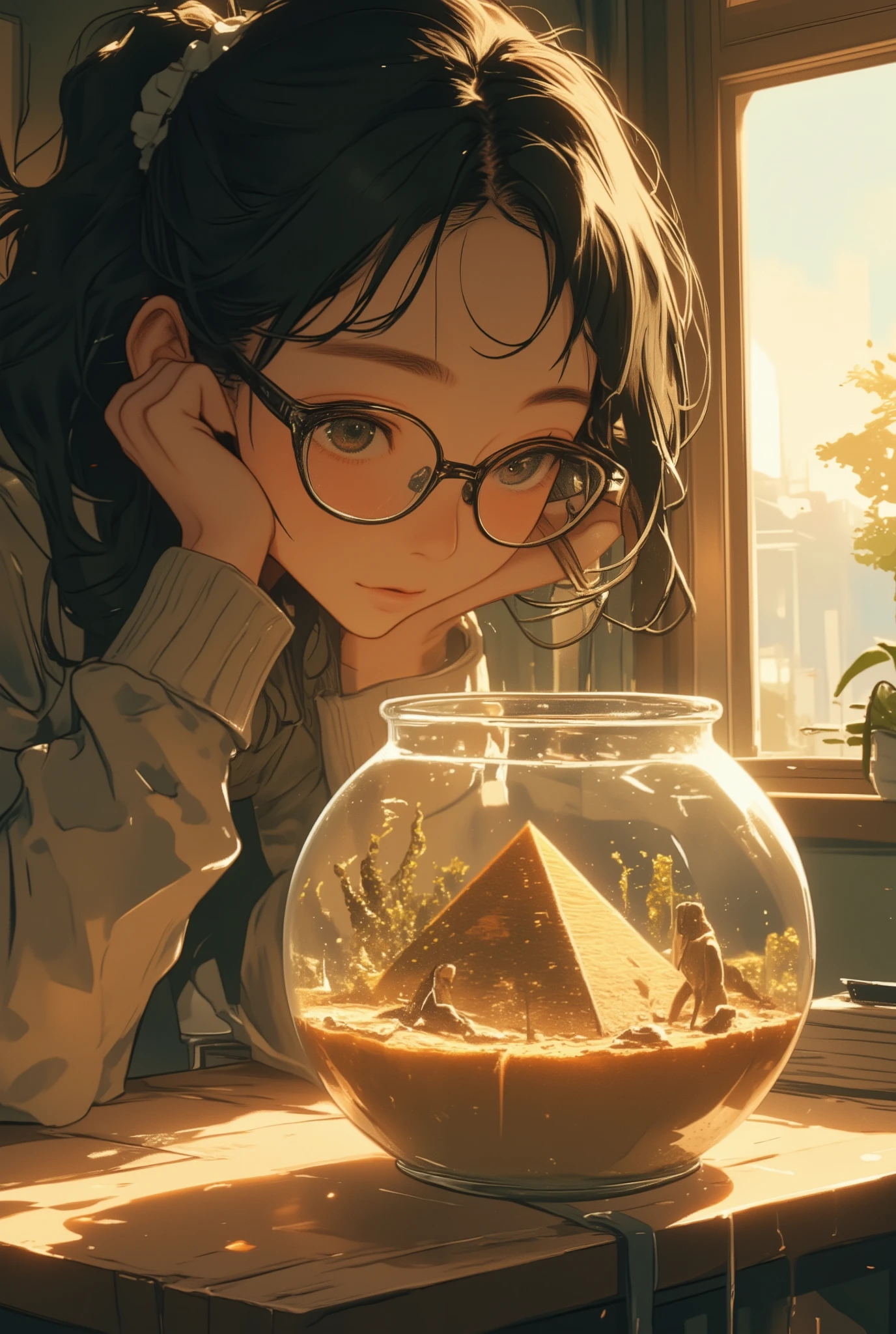 photo-realistic cinematic scene, a woman with glasses quietly observing a small blue whale swimming inside a round glass fishbowl on a wooden table, soft natural light coming through a nearby window, her expression is calm but curious, the whale moves slowly in the water, casting distorted reflections on the table, the scene feels serene yet subtly surreal, as if no one finds it strange, warm color tones, shallow depth of field, inspired by contemporary magical realism and still-life photography, best quality, masterpiece, ultra detailed, aidmamj6.1