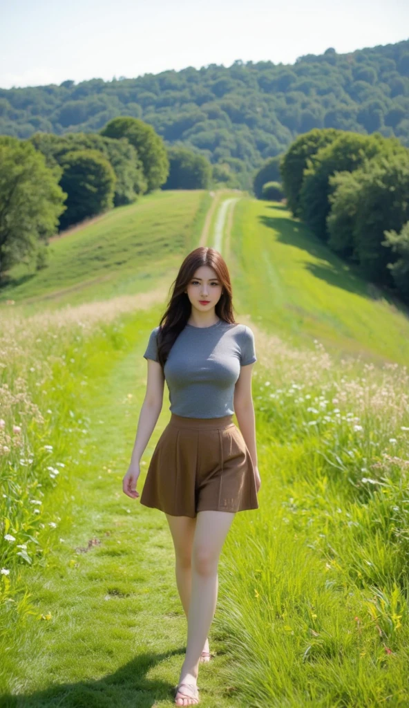 ((best qualtiy, 8K, tmasterpiece:1.3)),Focus:1.2, female high-school student,wooden cabin,(A look of determination)(adolable),delicated face,Long hair waist-length,long hair flowing,Tilt your head,ssmile,Hair details,Delicate Full Body Portrayal,Delicate depiction of the face,Best picture quality,A high resolution,细致背景,Delicate portrayal,exquisitedetails,Rich in detail,Facial strengthening,(Short crop top,short skirt),with blue sky and white clouds,Sitting Among the Flowers,wooden cabin,There are no bags under the eyes