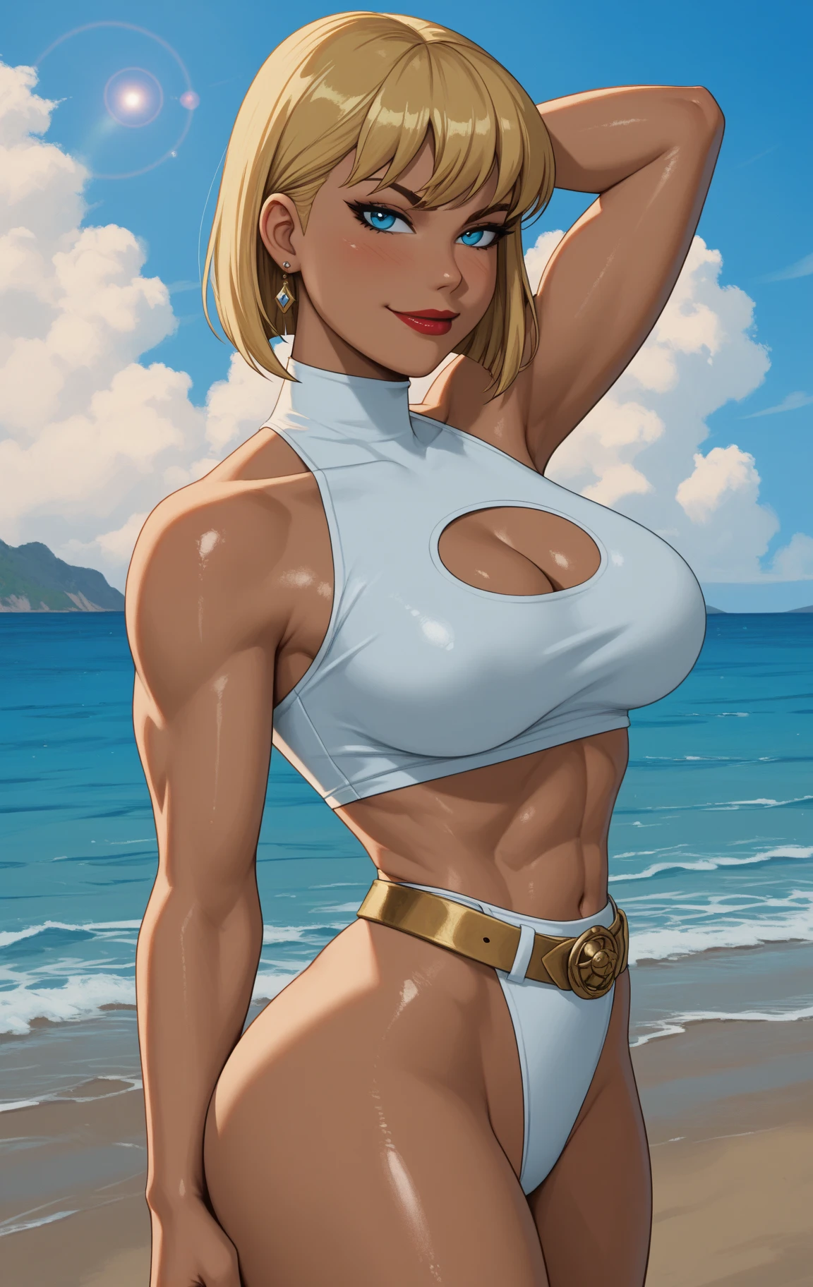 masterpiece, Best Quality, sdsdiane, sdsdiane, orange leotard, neckline, clavicle, huge breasts, giantess, giant, looking at the viewer, smile, cowboy shot, landscape, standing