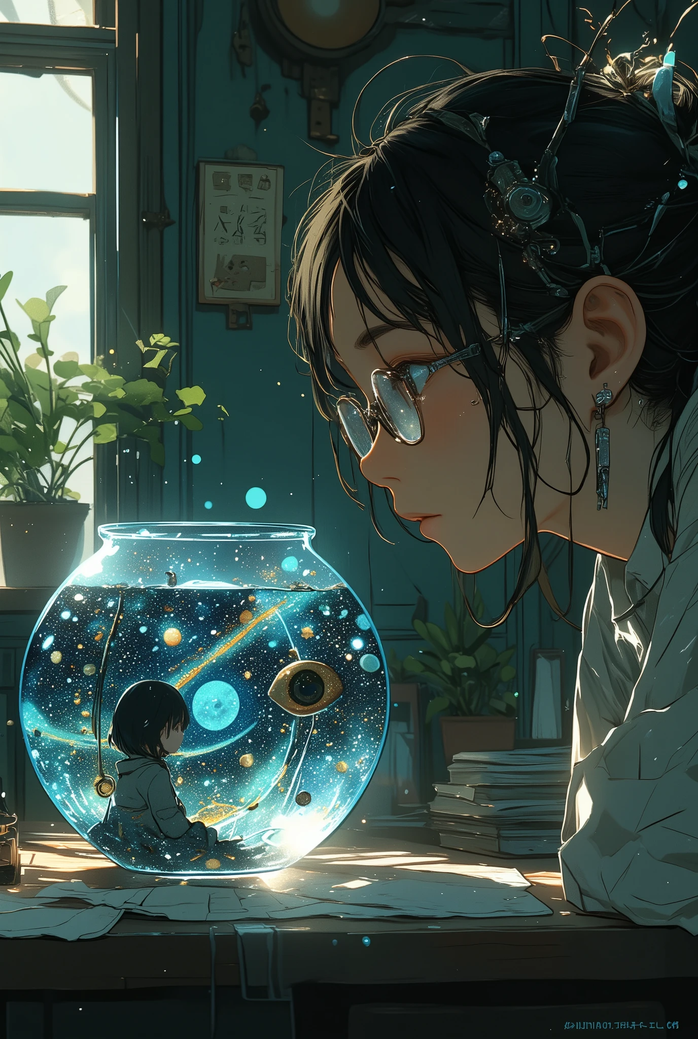 photo-realistic cinematic scene, a woman with glasses quietly staring into a round glass fishbowl on a wooden table, inside the bowl is a miniature galaxy with stars and a floating eyeball, and within that galaxy is another tiny fishbowl containing a smaller woman also gazing inside, recursive nesting structure, each layer subtly reflects light and glass distortion, surreal and intellectually unsettling, magical realism and cosmic symbolism, soft ambient lighting, ultra detailed, masterpiece, best quality, aidmamj6.1