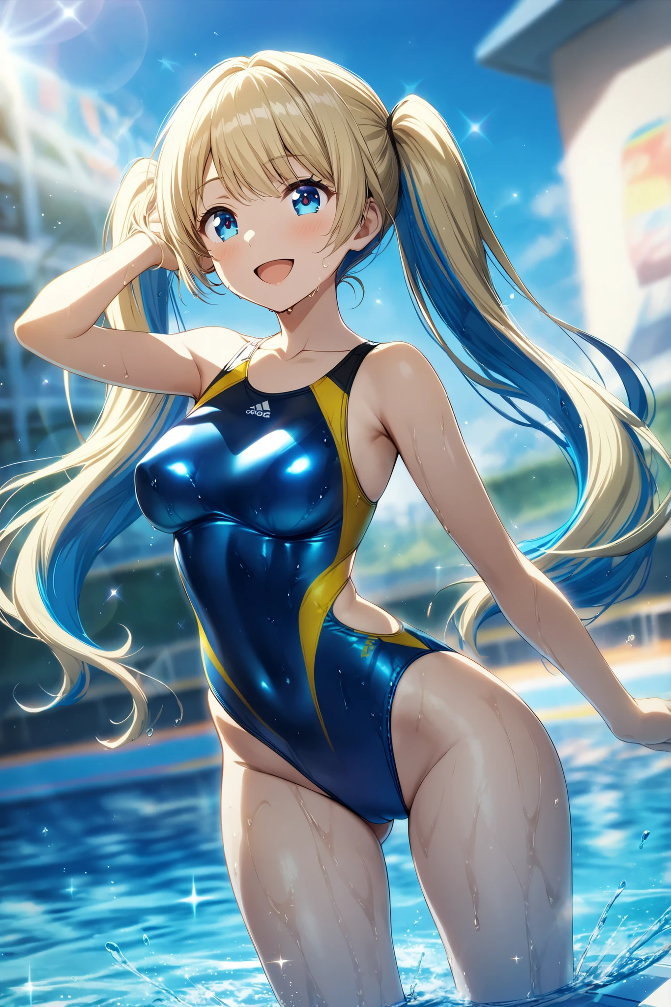 masterpiece,Highest quality,Very detailed,Dancing Beautiful Girl,Swimsuit,Competition Pool,Large crowd, ager,Long straight blonde hair,Beautiful and detailed eyes,skinny,Small breasts, full body,Dynamic