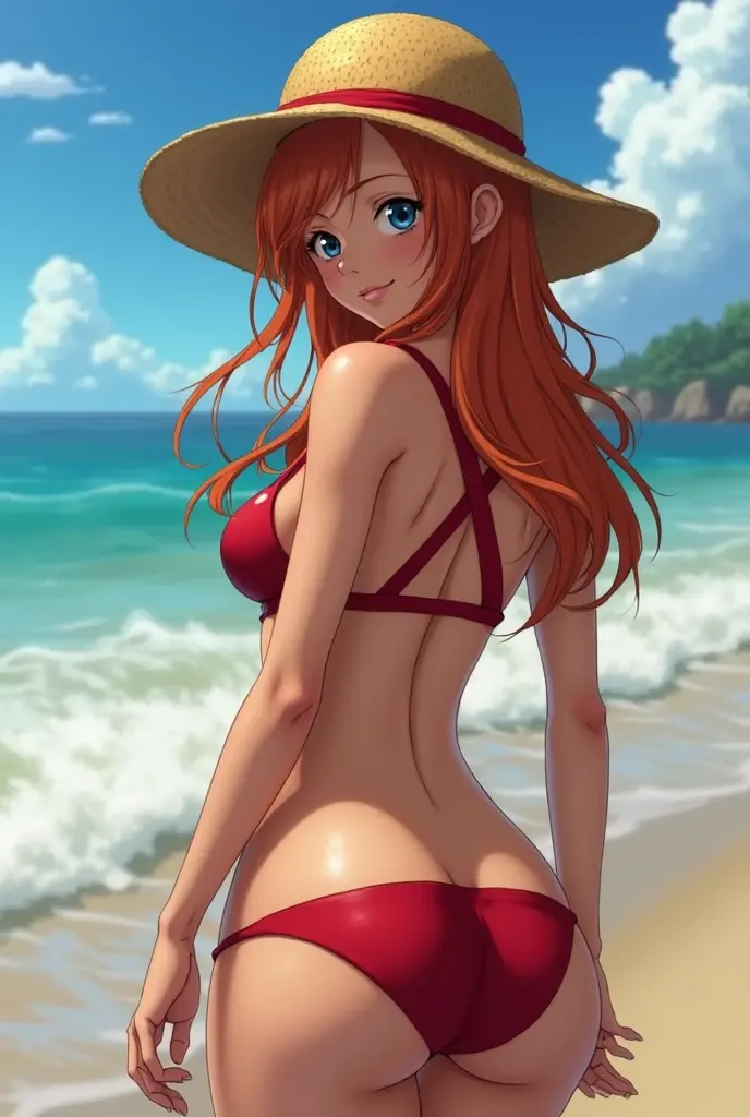 Nami after glow egg head(huge big breast, large ass, thin waist) black bikini, posing as doggy towards us,
on beach, mouth open, cruel smile(full hd, 8k, master piece, detailed)