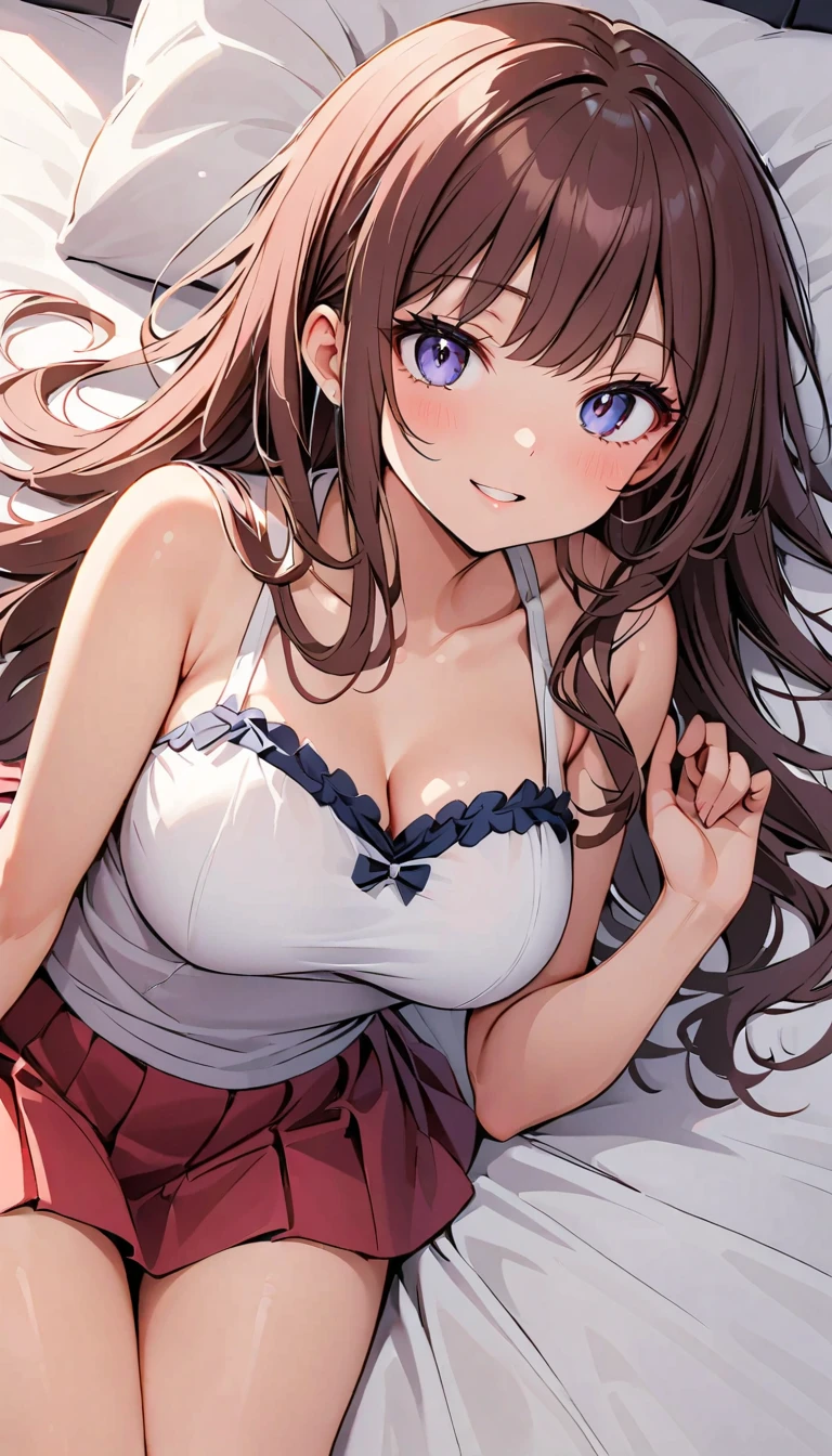 Very detailed、(8k, RAW Photos, highest quality, masterpiece:1.2), (Very detailed 8k wallpaper),shape、Professional Lighting,Sharp focus, Written boundary depth、
Browsing Caution、Clear Eyes、Perfect Anatomy、With a girl、Cute girl、beautiful girl、、、(:1.2)、、(Looking up:1.5)、15 years old、White underwear、Big Breasts、(White off-shoulder top with an open neckline:1.2)、denim micro mini skirt,、,Thighs in full view、bed、imminent kiss、