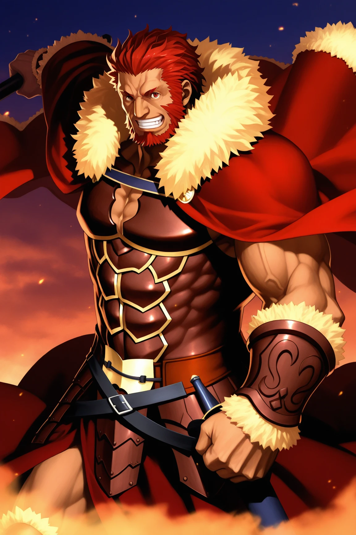 (masterpiece:1.2, best quality:1.2, extremely delicate:1.2), ((male:1.5)), a man with disheveled long orange and red hair, (no eyebrows:1.2), deep-set eyes, (a long scar on the right side of his face:1.2), rough features, (a full beard:1.2), a dissatisfied expression, a tall and muscular build, a post-apocalyptic fantasy-style wilderness coat with no sleeves, fur around his shoulders and neck, a half-damaged monster skull hanging in the middle of his chest, has spiked shoulder guards, revealing his muscular abs, stands in a post-apocalyptic fantasy-style desolate town, this character embodies a finely crafted post-apocalyptic fantasy-style overlord in anime style, exquisite and mature manga art style, dramatic, high definition, highres, ultra-detailed, ultra-fine painting, professional, perfect body proportions, golden ratio, anatomically correct, symmetrical face, extremely detailed eyes and face, high quality eyes, creativity, RAW photo, UHD, 32k, Natural light, cinematic lighting, masterpiece-anatomy-perfect