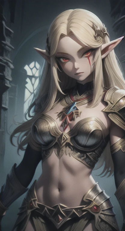 ((1girl, solo)), elf, (pointy ears:1.3), (large breasts:1.5), (abs:1.3), colored skin, pale skin, beautiful body, (perfect anatomy, perfect body, perfect hands, perfect legs), nice hands, natural proportions, sexy body, standing BREAK
((extremely detailed face)), (red eyes:1.5), (black eye shadow:1.3), (beautiful detailed eyes:1.6), (realistic pupils, realistic iris:1), expressive eyes, ((looking at viewer)), (clear eyes:1.3), (hyperrealistic:1.2), (detailed skin texture:1.2), smooth skin, blonde hair, long hair, (detailed lips:1.2), (attractive lips:1.1), (glossy lips:1.1), perfect face, perfect eyes BREAK
bikini armor, strapless, highleg panties, hood, hood up, pauldrons, cape, shoulder armor, arm guard, stomach, navel, thighs, thighhighs BREAK
(masterpiece:1.5), anime-style, top quality, best quality, (beautiful and aesthetic:1.2), (ultra detail:1.5), Ultra-detailed depiction, Ultra-precise depiction, extremely detailed 8k illustration, high resolution, (highly detailed shading:1.2), (realistic lighting:1.4), perfect lighting, vibrant colors, dynamic tones, striking hues, 8k, absurd resolution, perfect shadows, hdr, UHD, ambient lighting, realistic, ultra-realistic, photo realistic, highly detailed, rich detail, luminous colors, fine texture, intricate design, professional illustration, (soft light:1.2), (illustration:0.7)