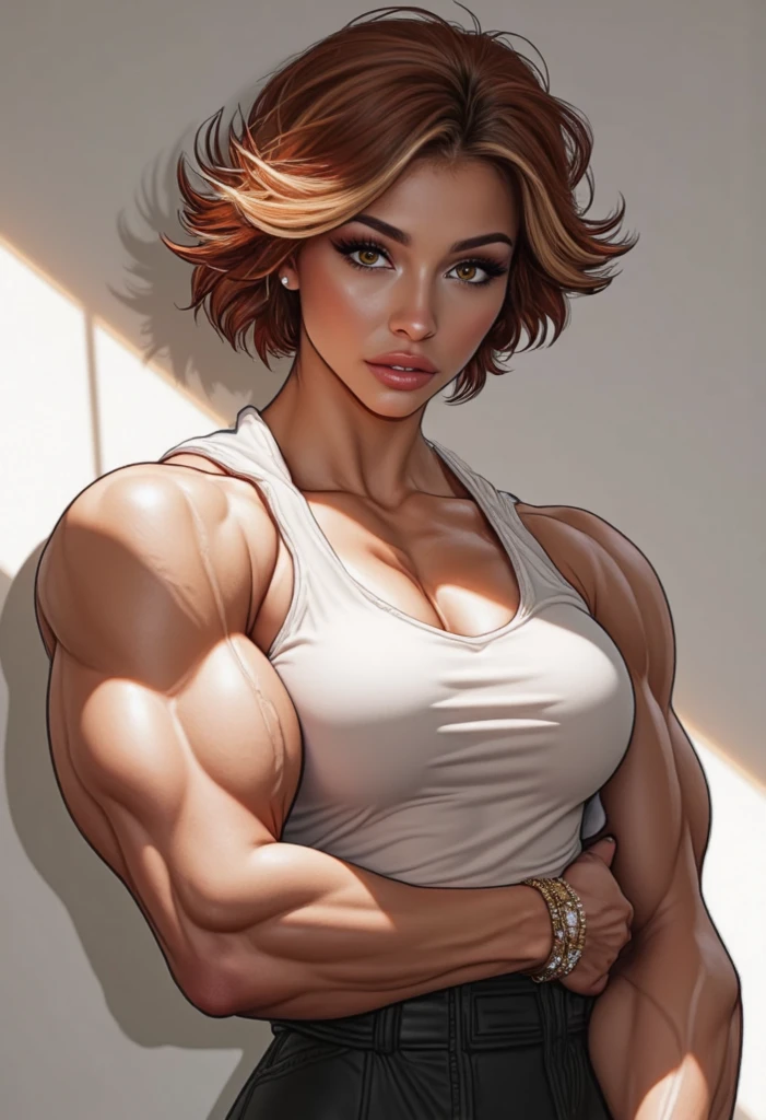 Gal Gadot, Artwork, ((thepit style:1.4)), (pink skin:1.5), muscular body, feminine, huge upper body, broad shoulders , veins, beautiful face, full lips, thin face, high cheekbones, muscular, bikini black, in the artistic style of mohrbacher, in the style of Peter Mohrbacher,