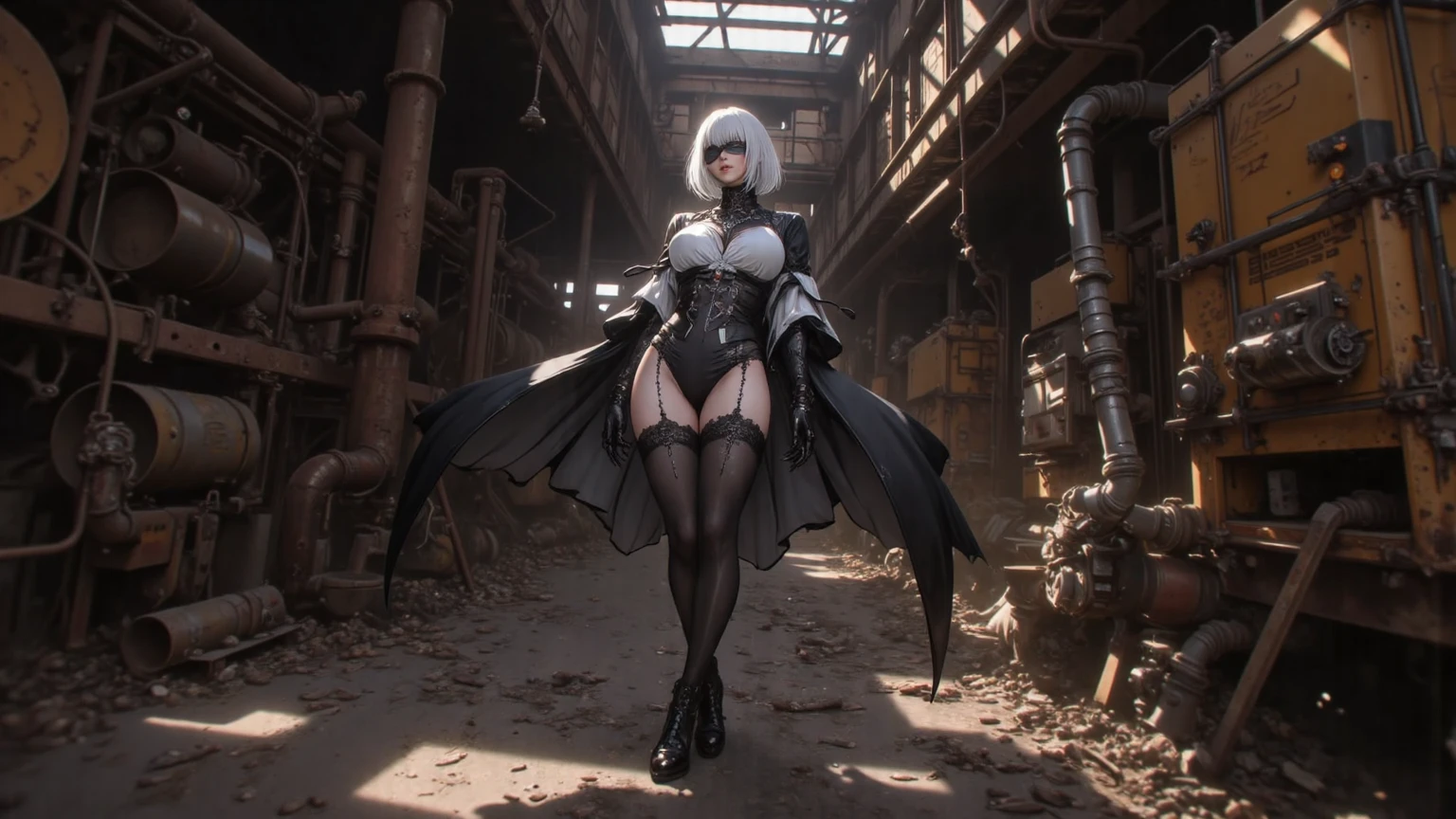 hat, necktie, gloves, ribbed bodysuit, expressionless, blank eyes, looking at viewer, corruption, mind control, female combatant, full body, hypnotized, unhappy trance, full body, obey, perfect female body, hypnosis, hypnoLora, empty eyes, Mind control device, poses, submissive_pose, Slave, standing straight, standing, standing at attention, Fighting Stance, extending the right arm from the shoulder into the air with a straightened hand, (((pixel-perfect, detail-perfect))), solo, 1girl, hair ornaments, anastasia, blue eyes, grey hair, hair between eyes, (hair over one eye:1.5), long hair, bangs, medium breast