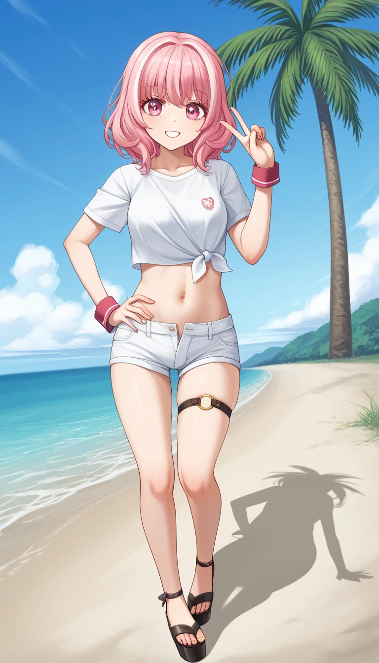 uzakichan, blue eyes smiling, white shirt, pink panties, standing, from below, at the beach, full body
