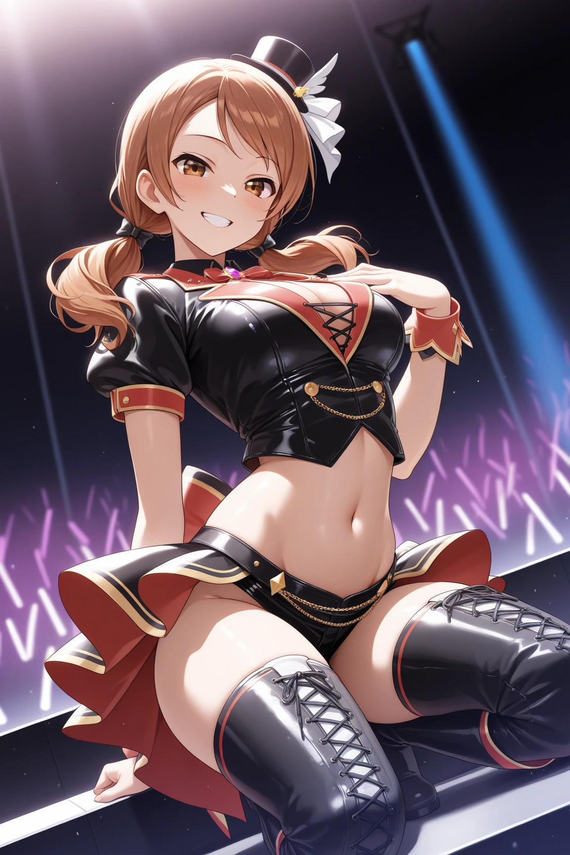 Highly detailed and realistic CG, Colorful, masterpiece, (perfect anatomy:1.3), Best Quality, 1girl, solo, Imperial red hair, shiny hair, short hair, sideburns, asymmetrical bangs, red eyes, shiny eyes, (crazy smile:1.2), (evil smile:1.2), sadistic smile, grin, skinny legs, contrapposto, standing, tube top, strapless, shorts, spiky boots, spiky wristband, idol concert, on stage, Live performance, open mouth, big breasts, cleavage, midriff, navel, black jacket, black military cap, stick tongue out, (long tongue:1.4), hand on headwear, hand on hip, holding hair, stylish pose, spotlight, thigh strap, flashy earrings, (fang:1.2), black elbow gloves, cinematic angle, looking at viewer, from above, open stance, latex, tight, slender, black military cloak,