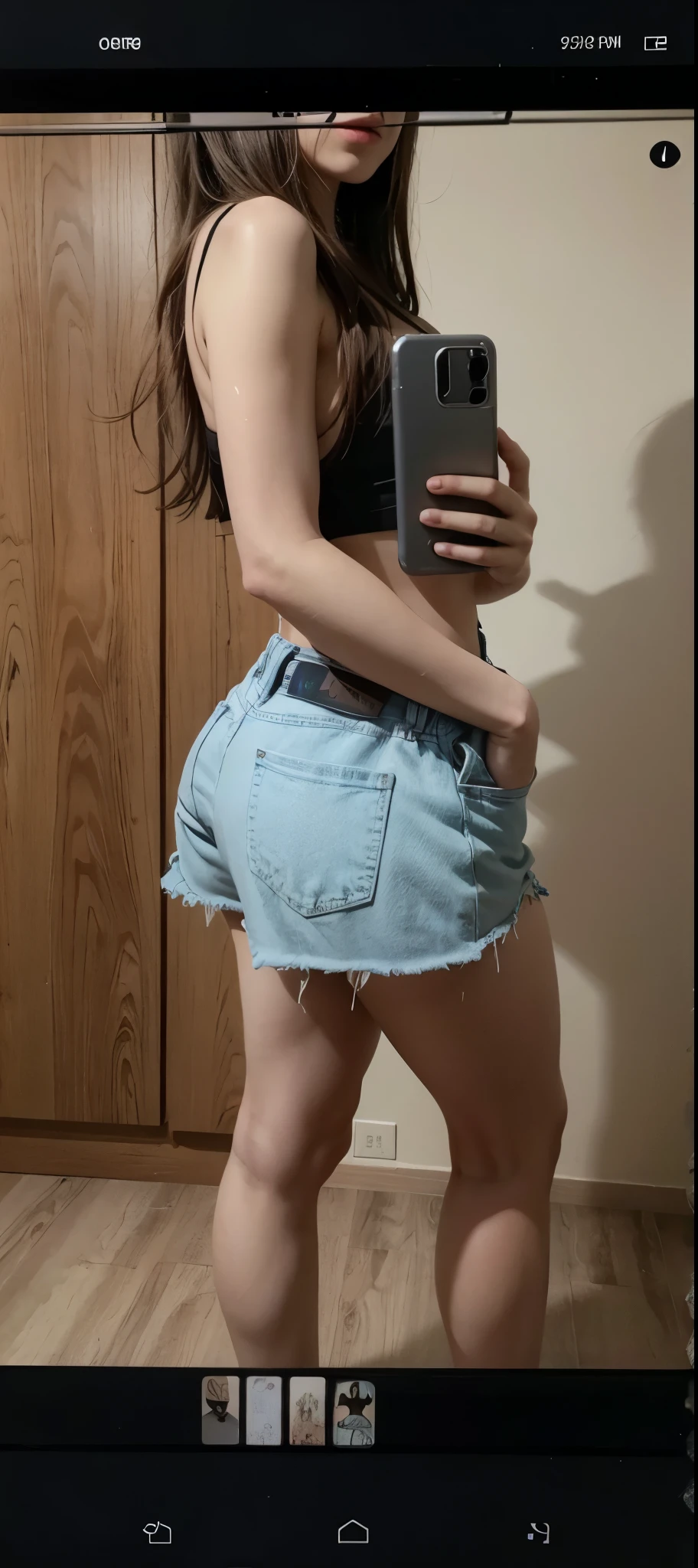 A young and beautiful girl，The white，Short-sleeved T-shirt with open belly button，Place one hand on your chest，Slim waist，Sexy waist，leaky belly button，Extra-short jeans with open buttons，long leges，Thin leg，Very slim figure，Front view，At home