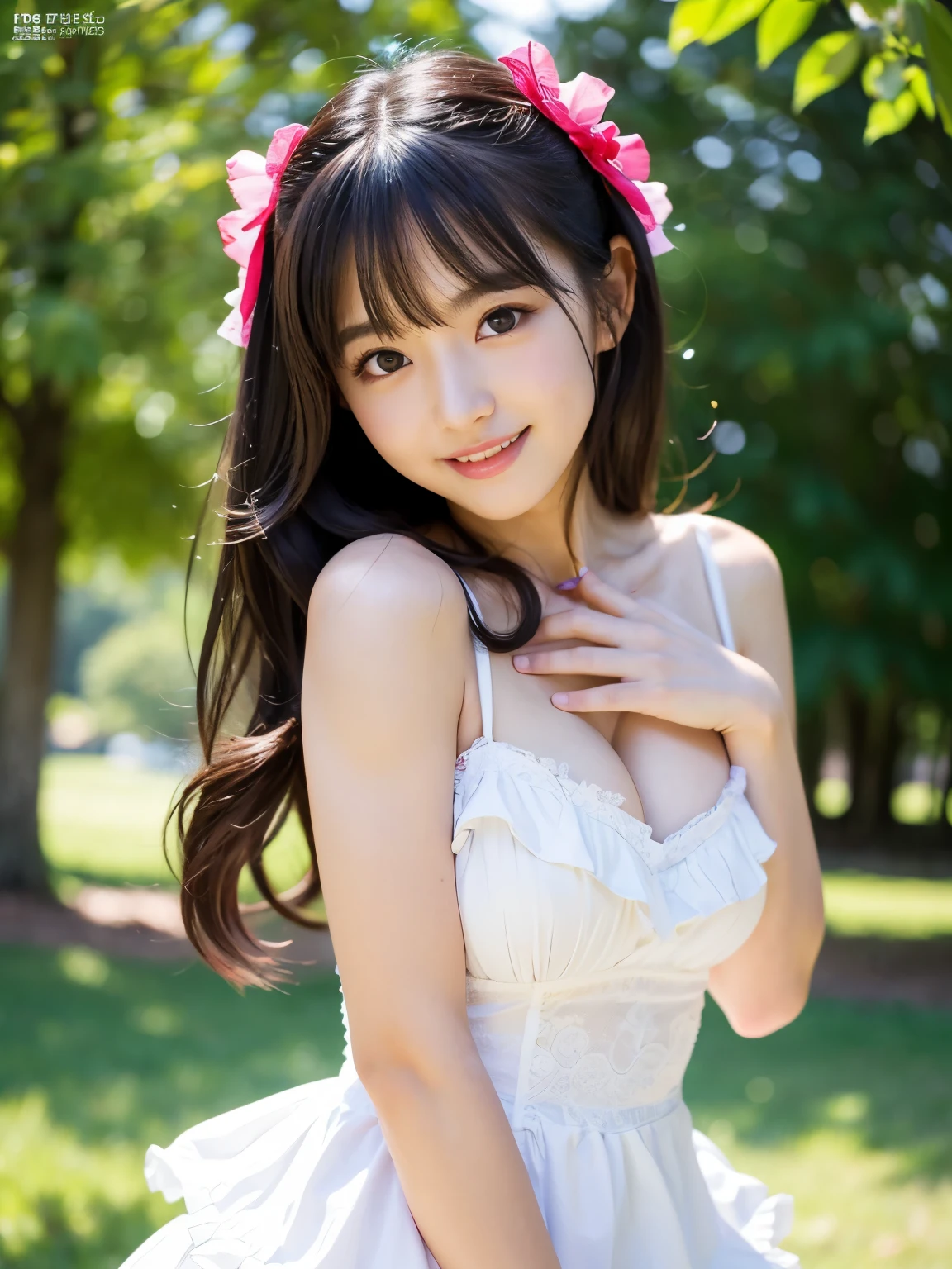 Thigh gaps, (((Slim figure))),((AKB 48)),(Full body photo)), ((sunset in background))),(Cherry blossoms in the background)),(Smiling)),(19 years old)))),(Small bust)))), (Colorful lace bikini swimsuit))))), (Photorealism: 6, realistic))))), ((sideways and turning pose)), Perfect lower body shape, ((upside ponytail)), (ribbon), ((scrunchies on wrists))), hair ornaments, small waist
