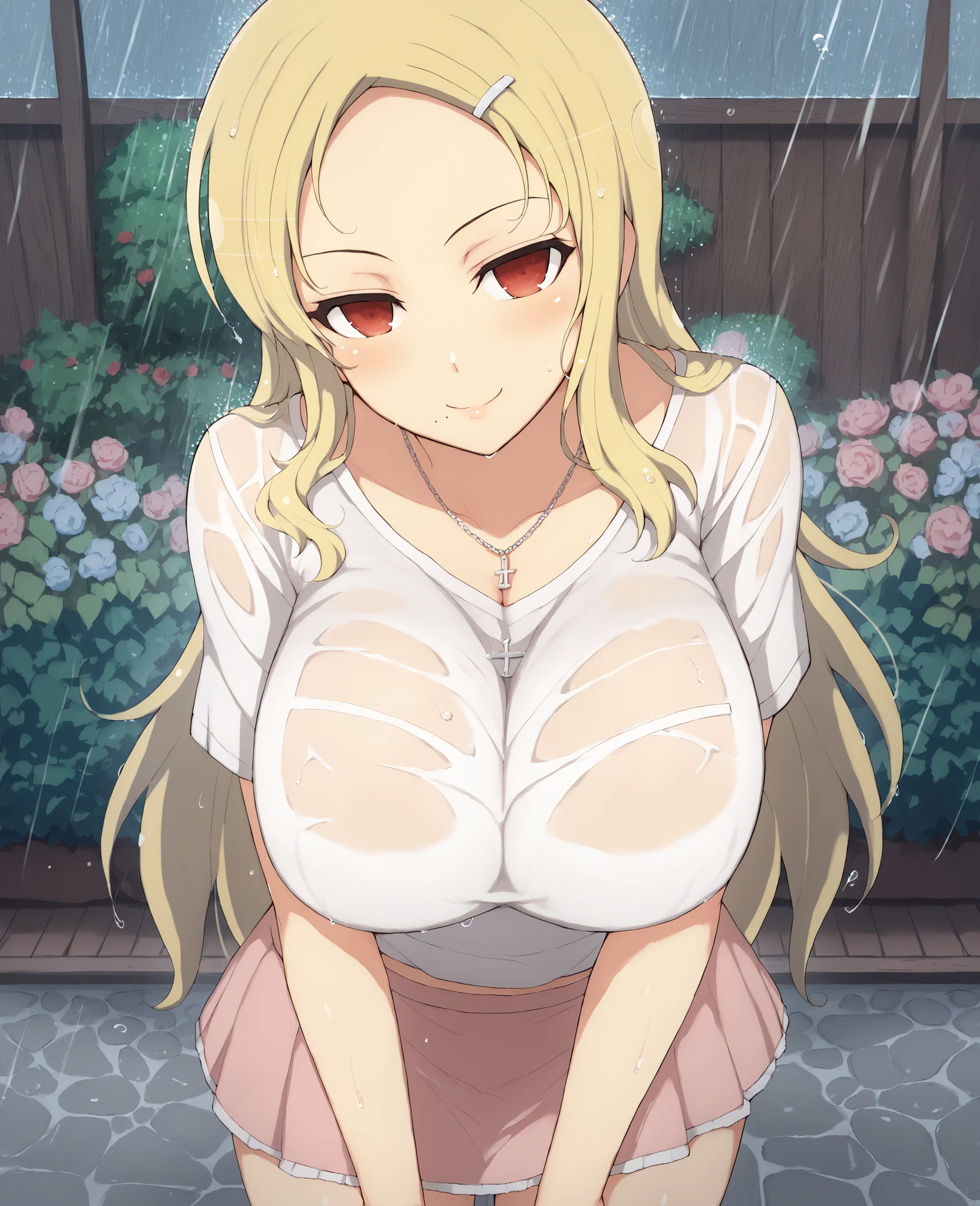 ((((masterpiece)))), best quality, Medium shot photograph of a blonde girl getting wet in the rain, solo, ((((gigantic_breasts)))), heterochromia eyes, red_blue eyes, hyper realistic detailed eyes, nude full, ((rain: 1.5)), (wet face), (wet body), detailed skin, ((detailed hair)), (background street to city), 64k, UHD, ((high quality)), masterpiece, ((intricate details)), full nude body, ABS, hands on hips, ((hands behind hips)), ((arms down)), ((((hidde_hands)))), Open pussy, pussy.detail, exposed_pussy tattoo, squirt Open pussy.detailed, anatomy human perfect ,Detailedface, perfecteyes,