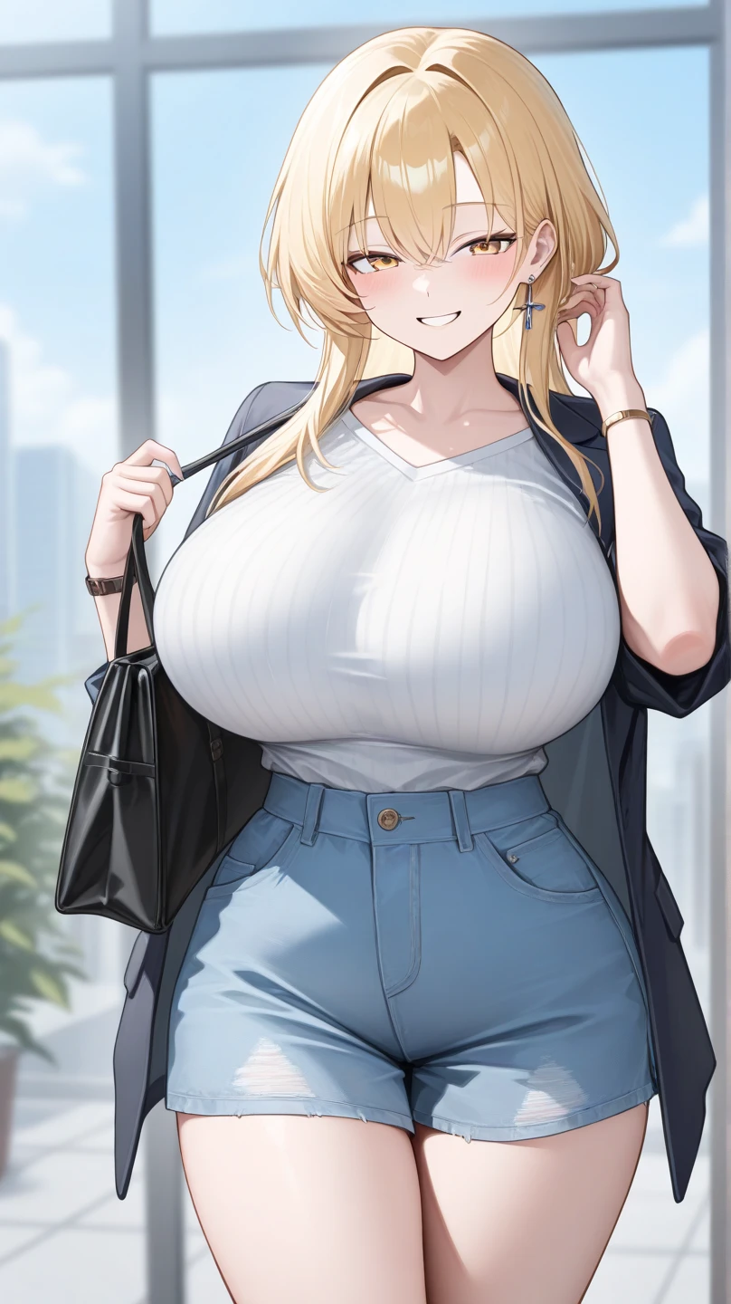 1girl, blonde hair, long hair, wavy hair, grey eyes, outdoors, white jacket, tank top, jeans, skinny waist , gigantic breast’s, Oppai ratio, huge chest, skinny body, top heavy