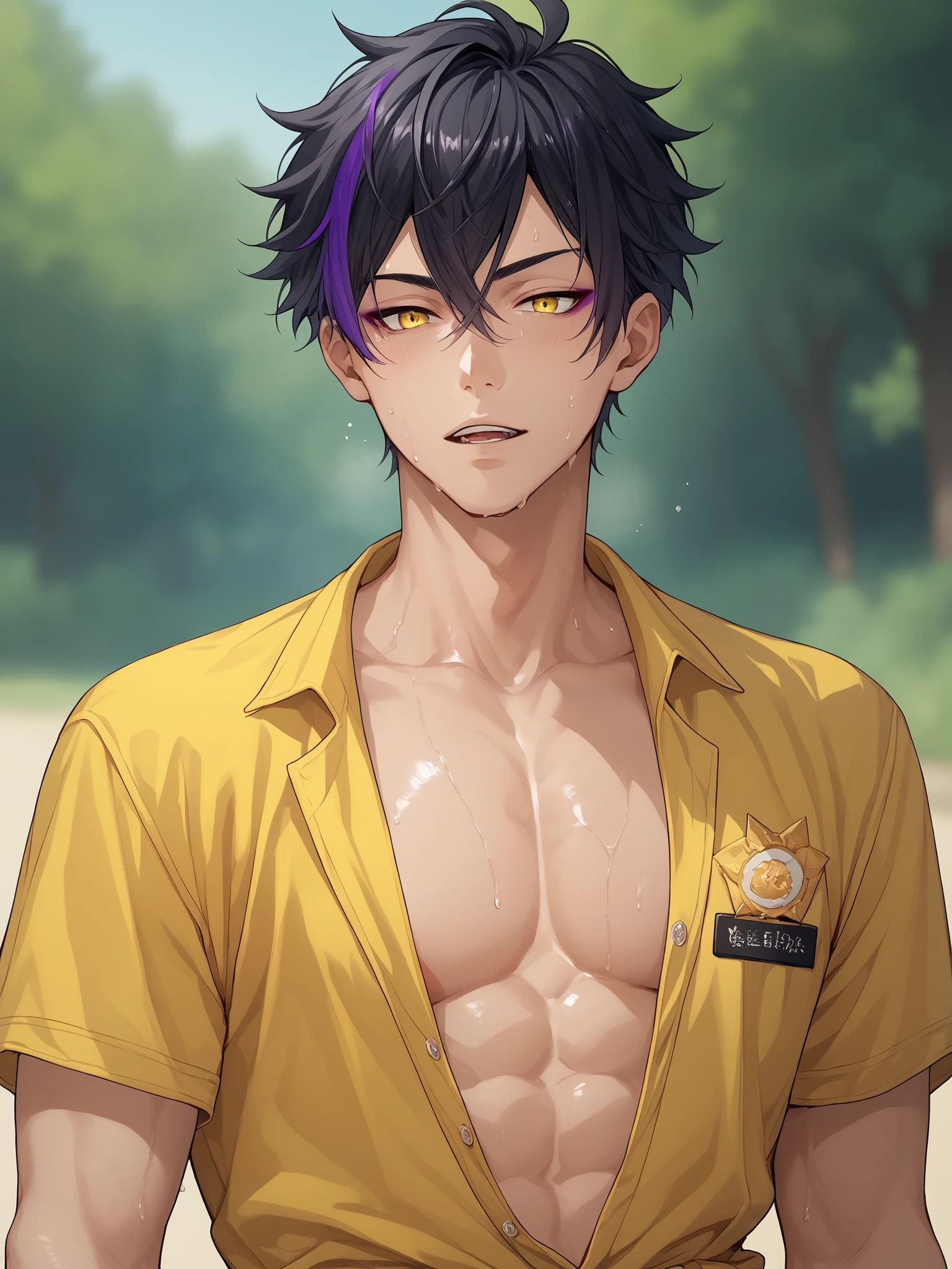 Anime man with thin black hair, yellow sharp eyes, emotionless and cold personality. Has one purple highlight, solo, blurry background, no shirt, sweating, summer heat