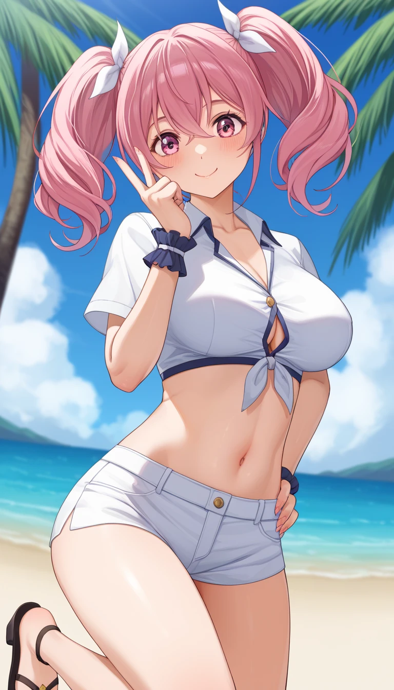 High school girl, white star bikini, wet bikini, transparent, thick thighs, super wide crates, gigantic breasts, big ass, back.