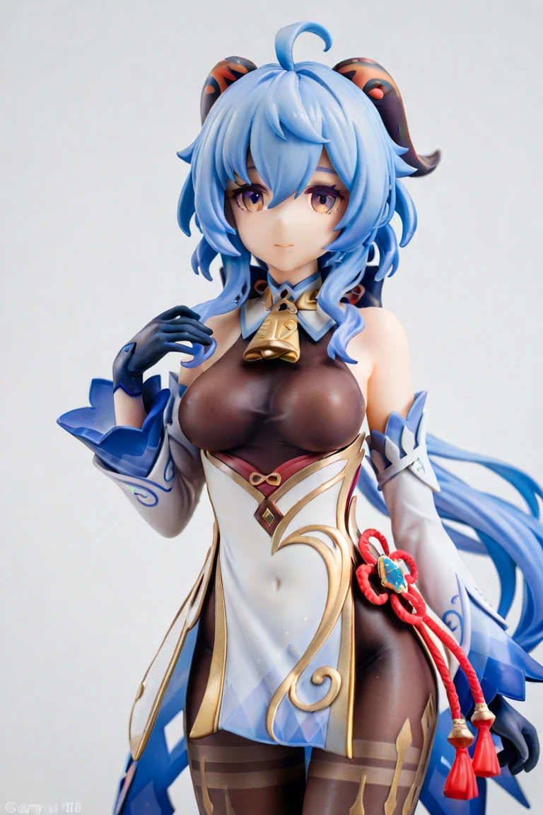 <lora:xl_figure style(kohaku_Delta)4-000005:1>,figure style,photorealistic,photo,(ganyu:0.7),1girl,horns,solo,gloves,blue hair,detached sleeves,long hair,breasts,bell,ahoge,purple eyes,black gloves,smile,bare shoulders,medium breasts,white background,looking at viewer,cowbell,blush,eyebrows visible through hair,bangs,goat horns,bodysuit,simple background,cowboy shot,pantyhose,very long hair,closed mouth,black bodysuit,neck bell,armpits,black legwear,gold trim,, masterpiece,best quality,