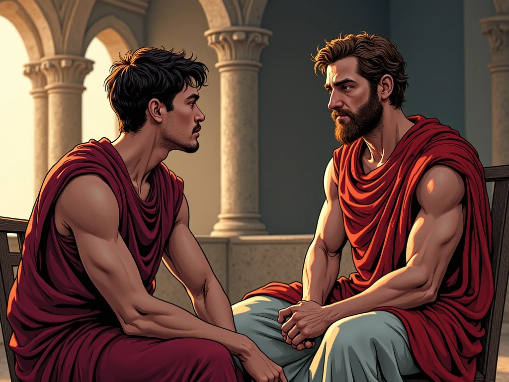 Two masculine men have purple skin and red eyes converse looking into each other's eyes looks serious and worried In the background you can see the city of ancient Rome