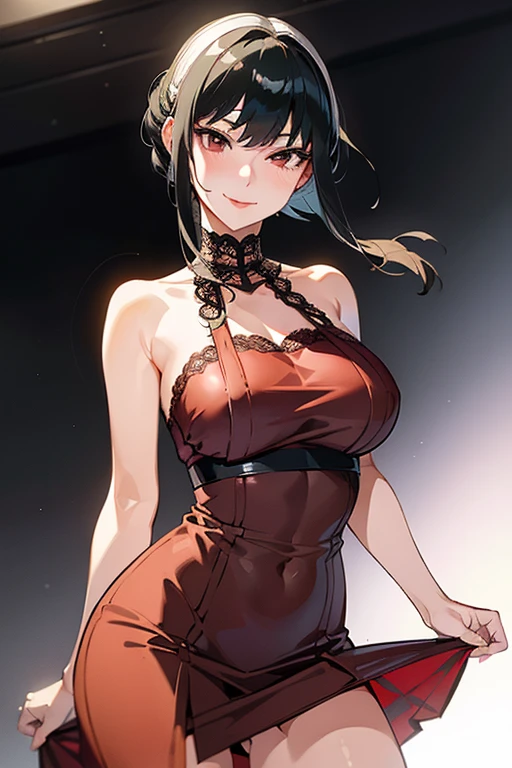 yor, 1girl, solo, black hair, red eyes, dress, bare shoulders, jewelry, ornament, lingerie, masterpiece, best quality, high resolution , hyper detailed,sunlight, wallpaper, 8K