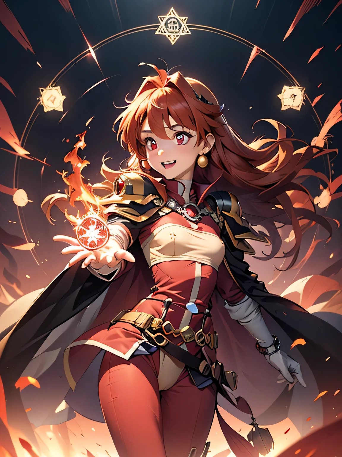 (slayer_lina:1.5), LNvs-sd15, magic circle, Ultra-detailed、(Highest Quality、8k、high definition、masterpiece:1.2)、 RAW photos 、realistic、Impressive Underlying Angles、1 girl、Lina Inverse from Slayers、(perfect anatomy:1.7)、((Beautiful red eyes with every detail))、beautiful and well-groomed face、Watch Viewers、confident smile、 slim、( small flat chest )、Orange Hair、 maroon hair、(long hair)、(Lina's costume from Slayers)、SHOULDER ARMOR、Paul Doron、Yellow trim、Black Headband、boots、white gloves、(red top and red pants)、White trim、shoulder、tooth、black cape、beautiful hair、beautiful skin、(Clothed Erect Nipples :1.24)、(Clothed Mechosji:1.3)、Belts with jewels、dagger knife、(sexy acrobatic magic chanting pose:1.2)、((Magical Fire and Lightning))、[back view]、MOVIE COMPOSITION、( Giant Magic Circle )、Gold coins and mountains of treasure in the background、magical realism