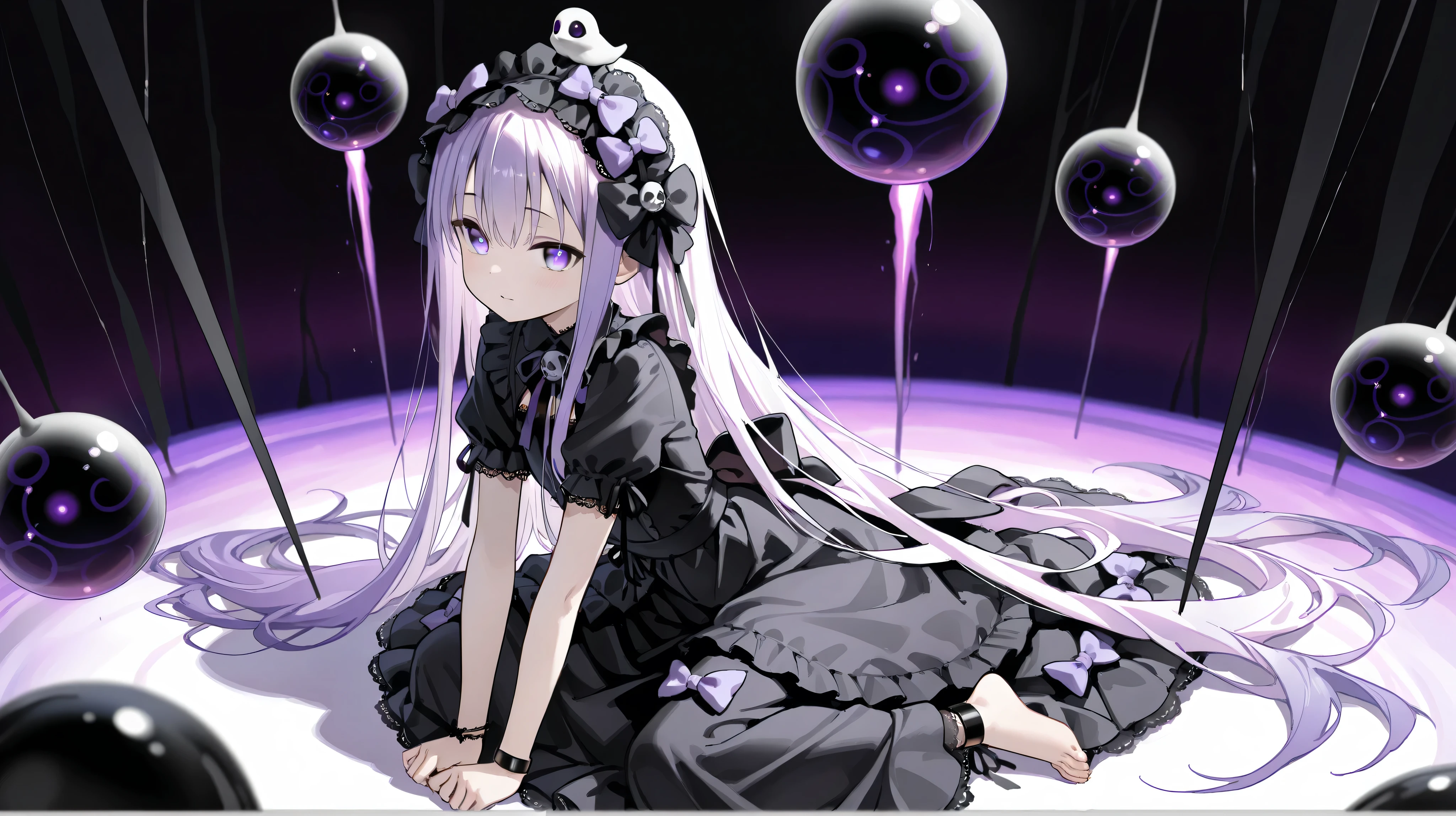 A young-looking anime girl with very long hair, straight and white . ((Her eyes are large and of a bright purple hue, which highlights her melancholic and innocent expression). (She wears a gothic maid dress in dark and white colors, with ruffles and decorative bows. Two large bows stand out: one on the chest and one on the waist, both adorned with purple ribbons. She wears a purple bow with a black flower in her hair, on the left side of the head.))
( is barefoot, with a black ribbon bracelet on one of her ankles and black bracelets with lace on both arms. Her pose is delicate and shy, sitting on a dark surface with alien shapes and violet eyes in the background. Around her float spheres of purple and black energy, in an atmosphere of dark magic and mystery. The environment is bleak , with shades of purple, black and grey, suggesting a nightmare world or alternate dimension.)