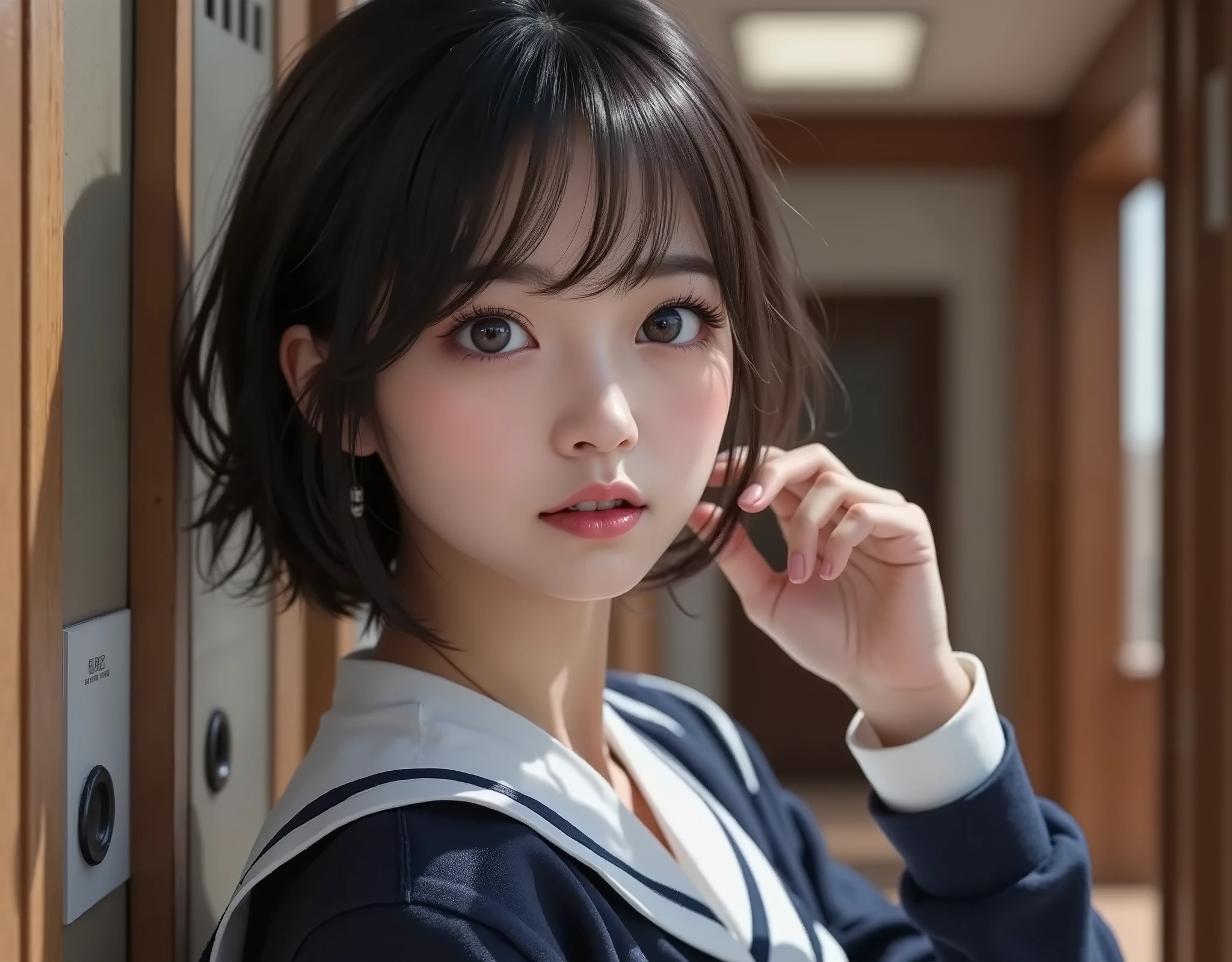 8k,Ultra High Definition , Highest Quality, masterpiece,rule of thirds,golden ratio,surreal,pictures, One woman,( girl:1.3),cute,cute顔, Beautiful Eyes in Every Detail , 細かくdetails,mature women who are rebellious to me,Full body,black hair,Short Messy hair,ID photo, luxurious and beautiful ,(The famous Japanese idol girl),非常にdetailsな, 美しいlikeいアジア人女性の超写実的なデジタルイラスト, fully visible from head to foot in the frame,elegant makeup,She is wearing a traditional Japanese schoolgirl uniform,She is wearing a white blouse with a sailor collar, knee-length navy blue pleated skirt,appropriate ribbon tie,I'm wearing a dark blue button-up cardigan,like々exudes vibrancy and charm,I'm also wearing navy blue knee-high socks and shiny black shoes, complete a classic school uniform,miniskirt,wears a sailor-style Japanese school uniform, her outfit fits her body perfectly, Navy blue neck and details, Pair it with a black pleated skirt,The blouse fits my body,school hallway, Lockers are lined up,(((smile))),Loafers,Very Delicate Expression, depicting delicate eyes,健康的な体型, ((Female 1)), height 160cm ,( thin waist:1.4)、( Beautiful :1.4), pink lips,Profile ,((( ideal figure))),Small A Cup Bust :2, portraits:2、 perfect anatomy 、鮮明な details、 details,thin lips,Perfect and beautiful face ,完璧でcute顔, Meticulous Skin , perfect limb that wraps around the body,thin waist, surreal,Light and Dark,fashion magazine cover,stage lights