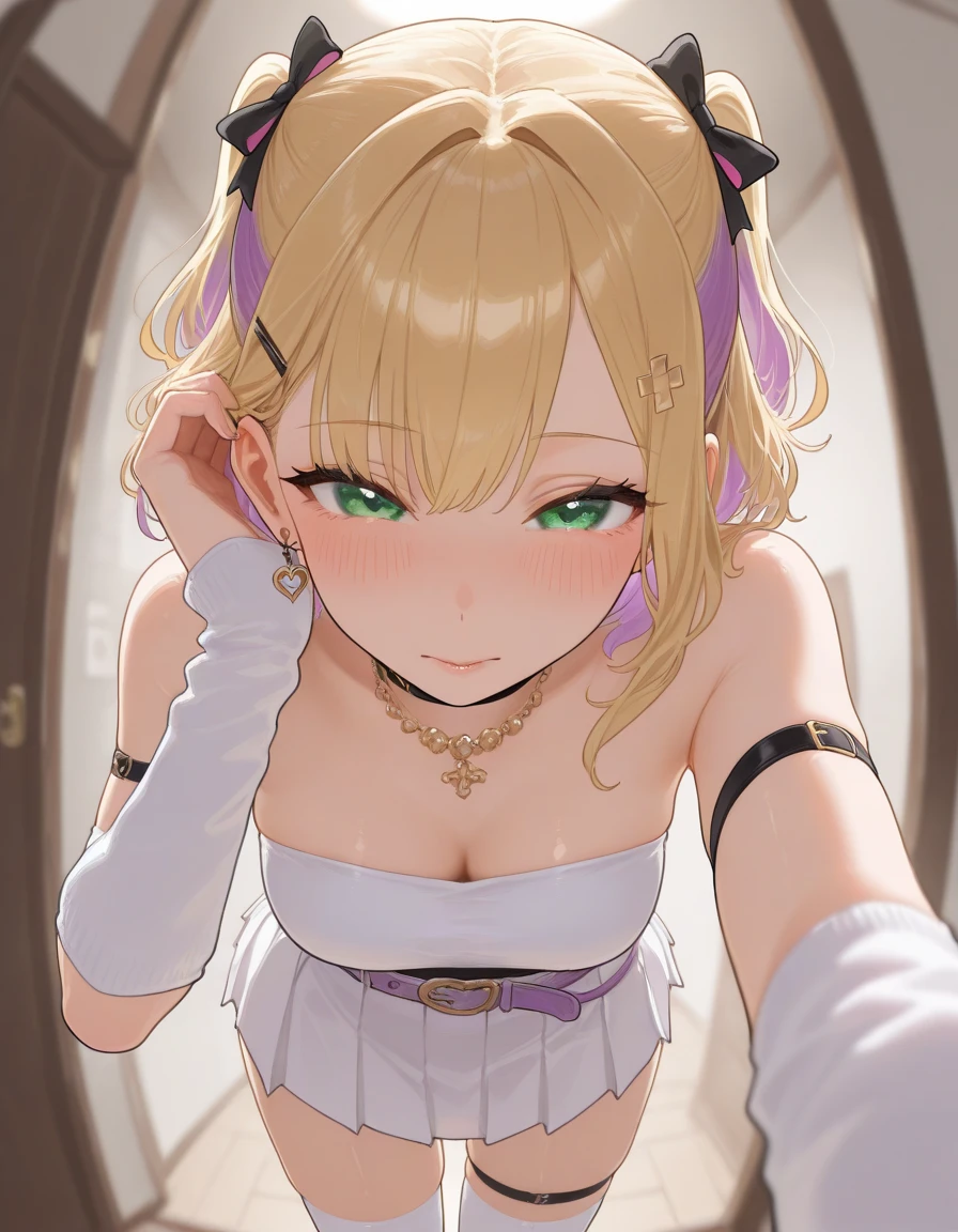 One girl, (Luna), Blonde, Folded ponytail, Side Lock, Yellow Eyes, smile, medium breasts, (black playboy bunny), (black fake rabbit ears), (black pantyhose), (black high-heels), squatting, spread legs, from above, (close up of face: 1.3), cowboy shot, indoor, cafe,
