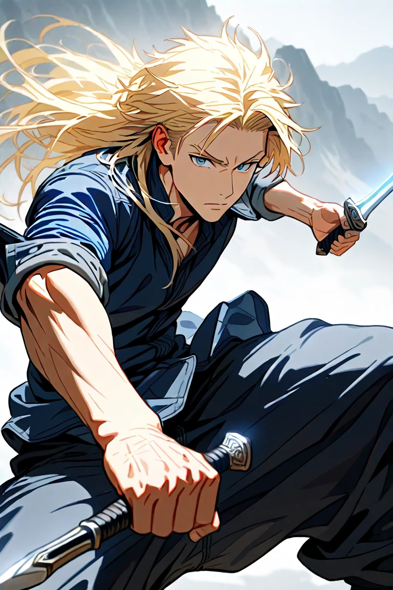 A young man with long hair, half-black and half-white long hair, hlfcol haired, black and white hair, sharp eyes, a confident expression, a heroic countenance, he wears a flowing two-piece martial arts-style robe, matching loose trousers, holding a slender sword in his left hand, the night sky, standing amidst a snowy mountain landscape, snowflakes falling all around, this character embodies a finely crafted Chinese swordsman design in anime style, characterized by a sophisticated and mature manga illustration art style, high definition, best quality, highres, ultra-detailed, ultra-fine painting, extremely delicate, professional, anatomically correct, symmetrical face, extremely detailed eyes and face, high quality eyes, creativity, RAW photo, UHD, 8k, Natural light, cinematic lighting, masterpiece:1.5